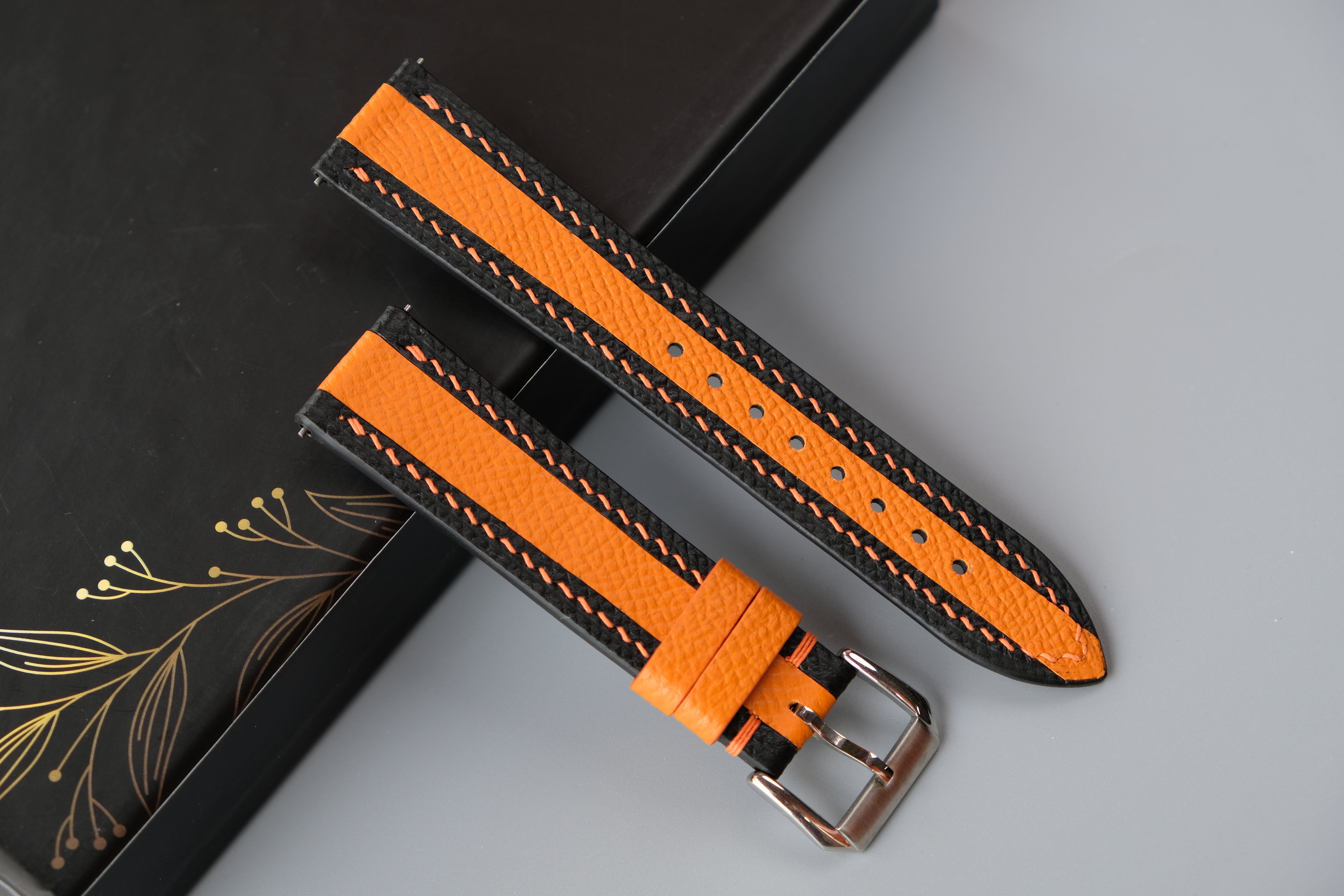 Black Mixed Orange Leather Watch Strap