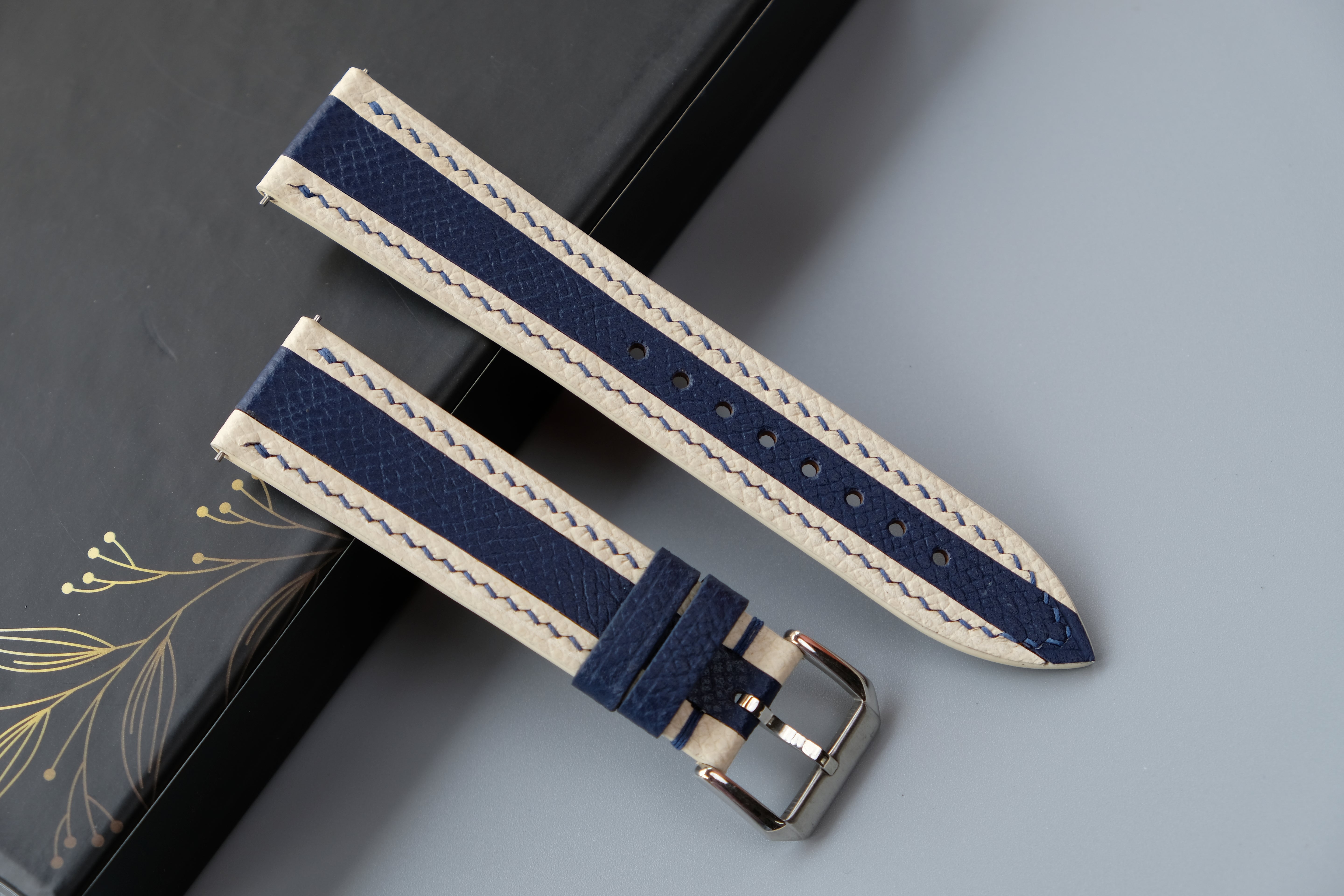 White Mixed Navy Blue Epsom Leather Watch Strap