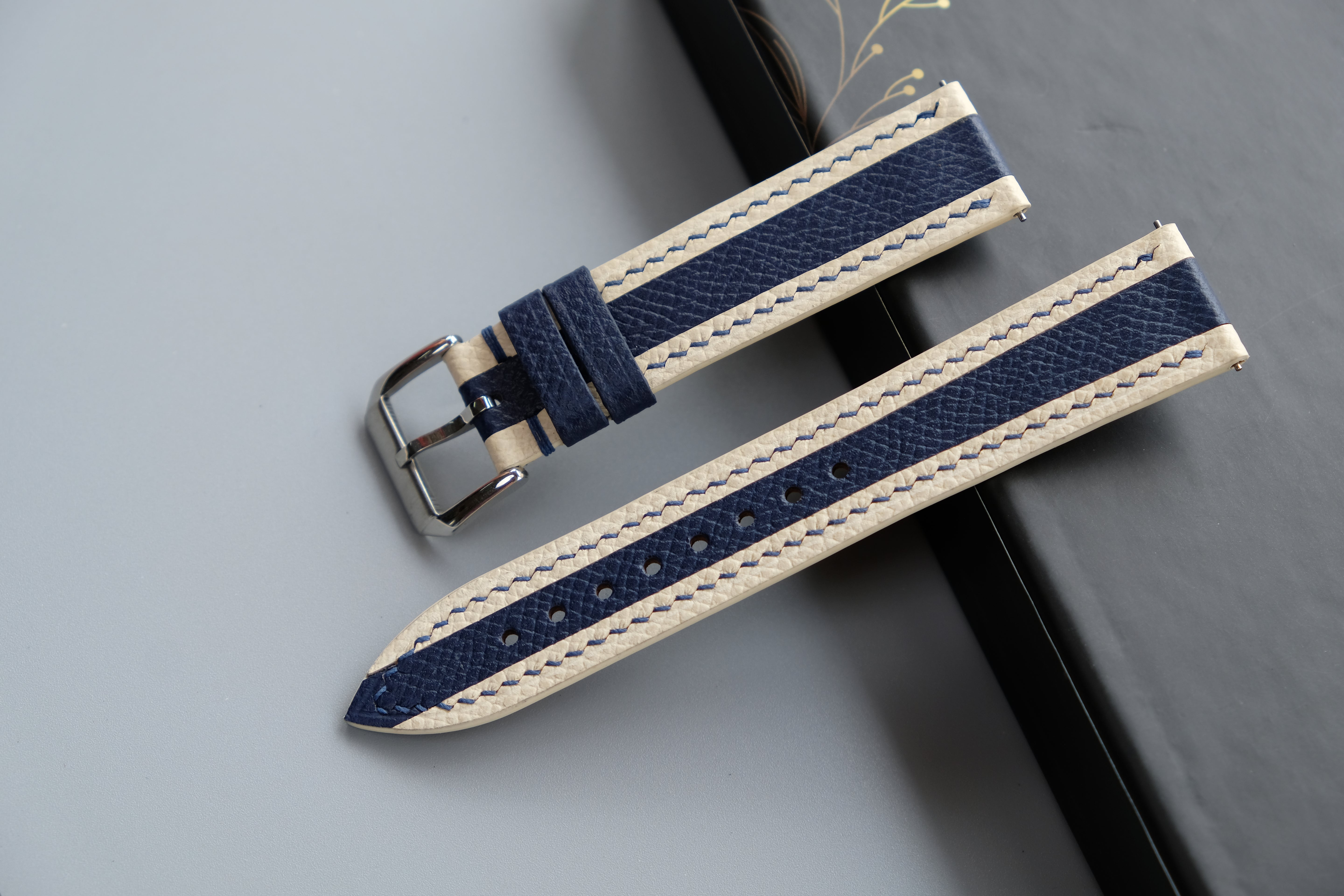 White Mixed Navy Blue Epsom Leather Watch Strap