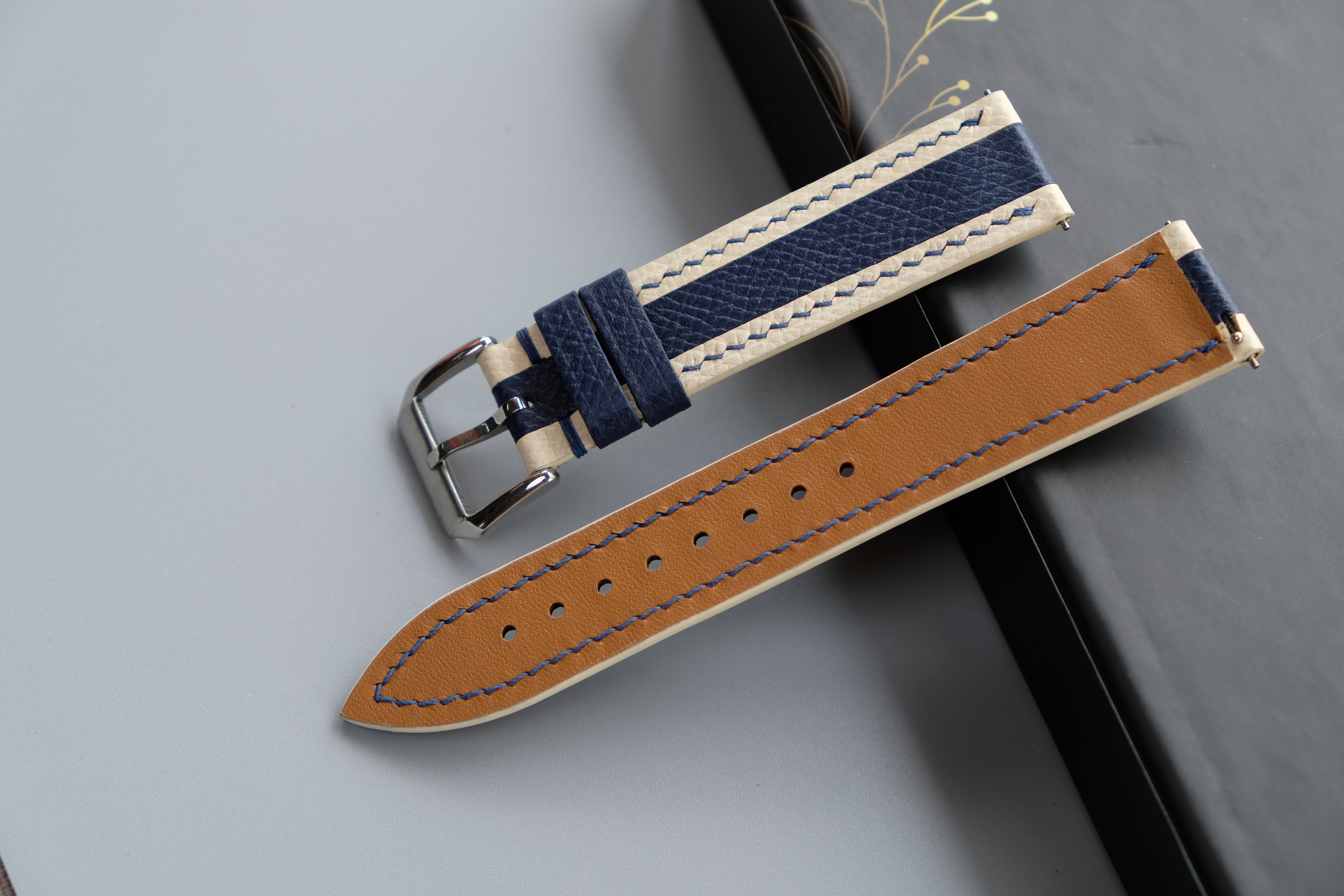 White Mixed Navy Blue Epsom Leather Watch Strap