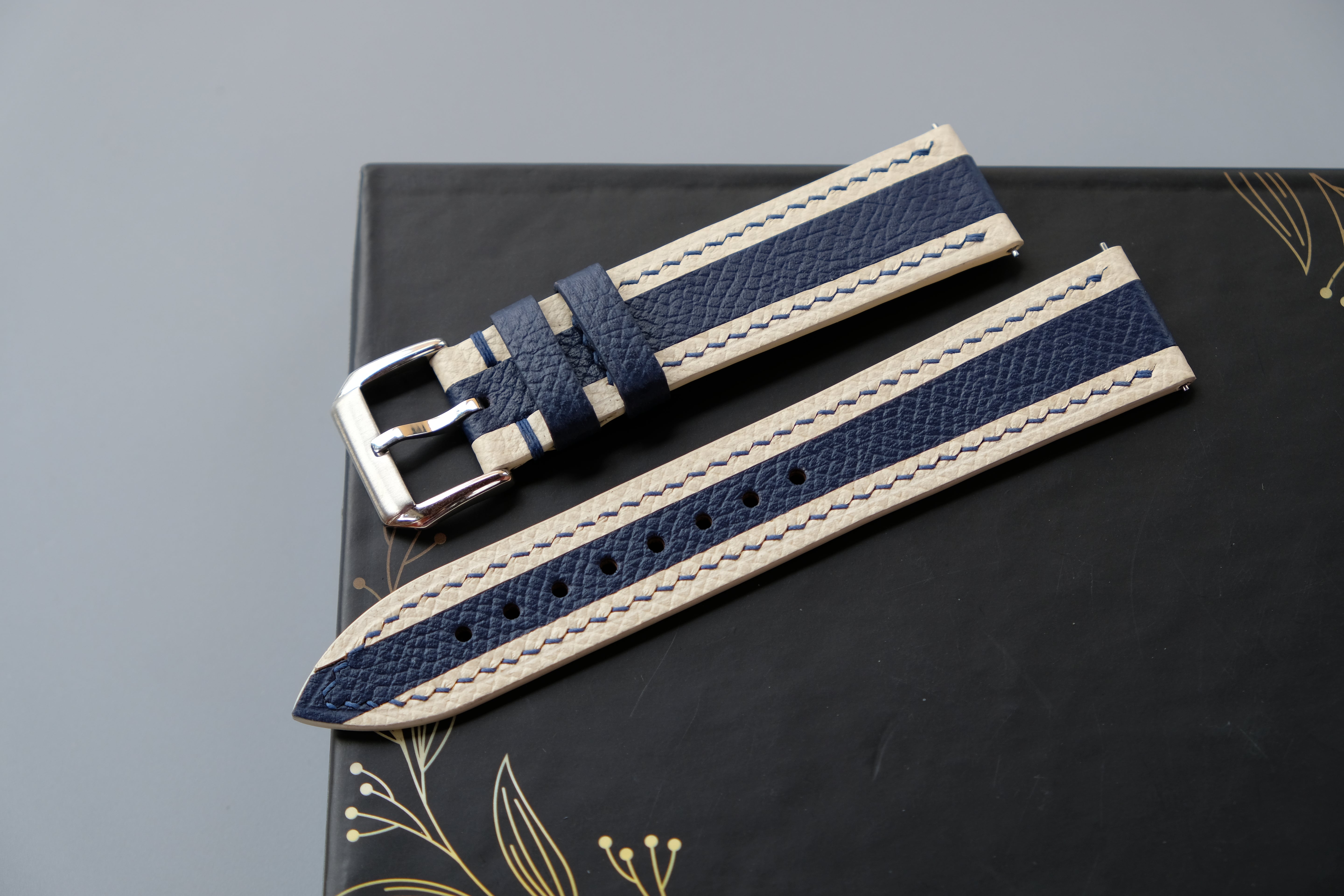 White Mixed Navy Blue Epsom Leather Watch Strap
