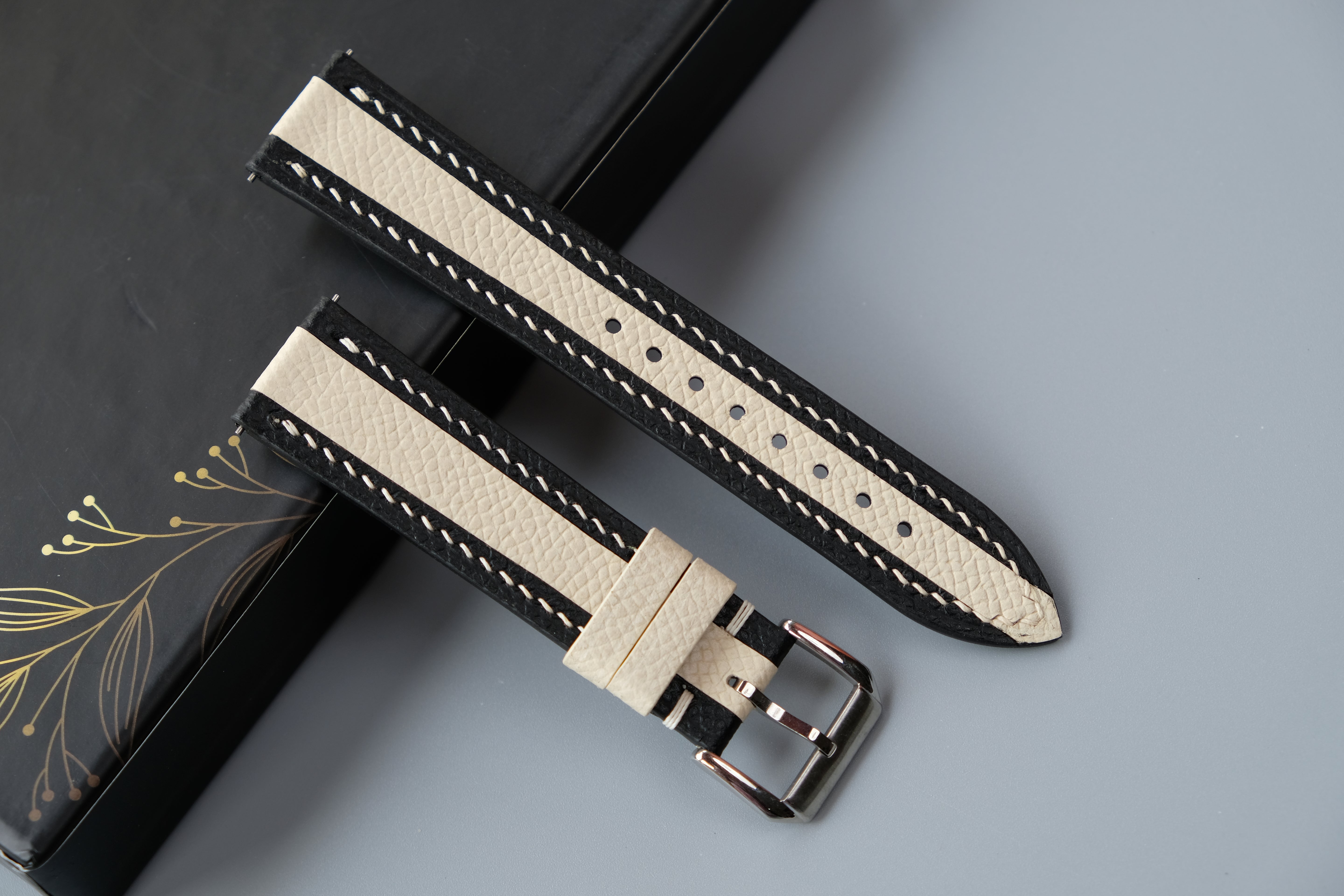 Black Mixed Milky White Epsom Leather Watch Strap