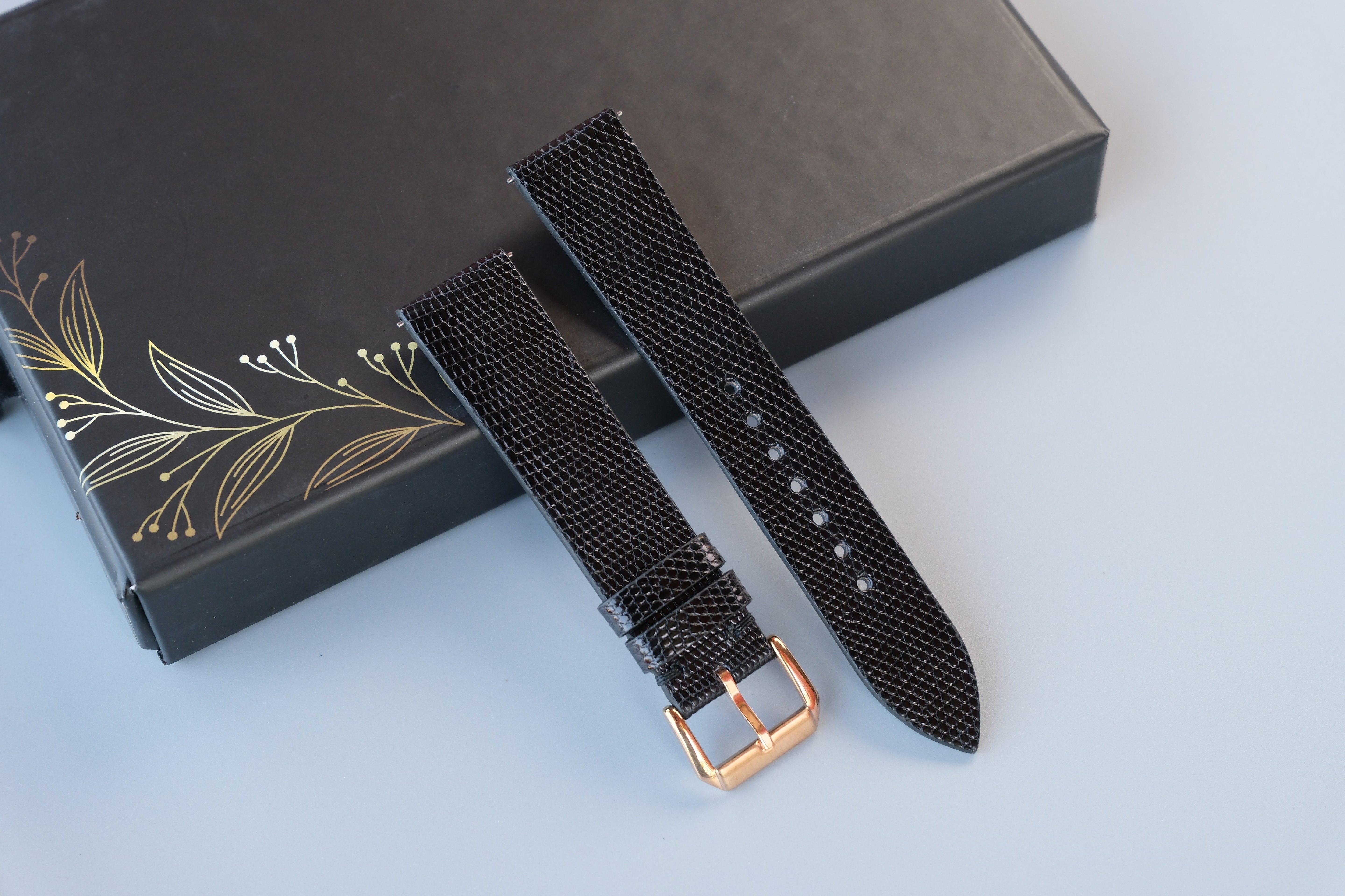 Slim Black Lizard Leather Watch Strap