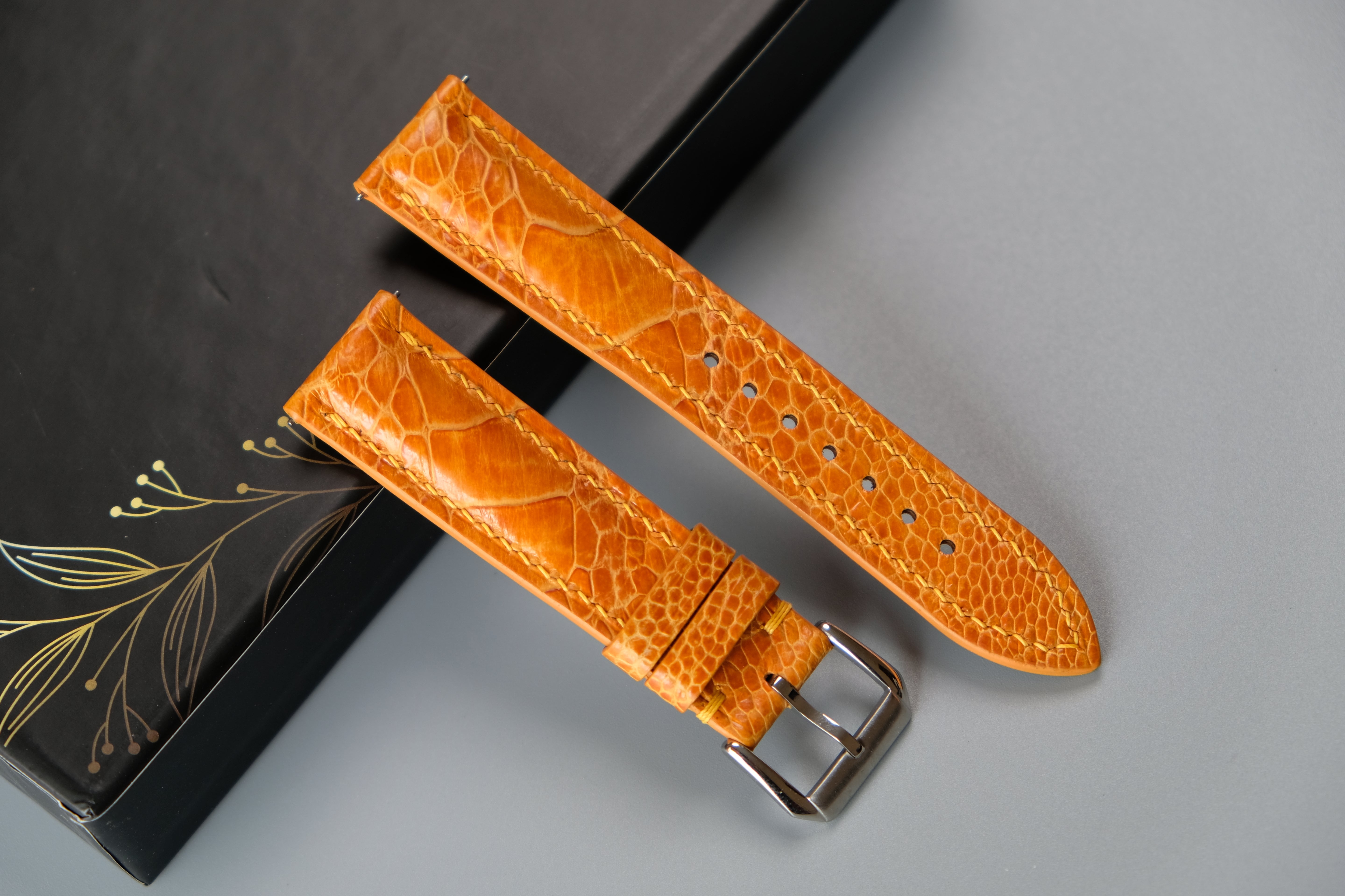 Yellow Orange Ostrich Leather Watch Strap – Custom Sizes 10mm to 26mm