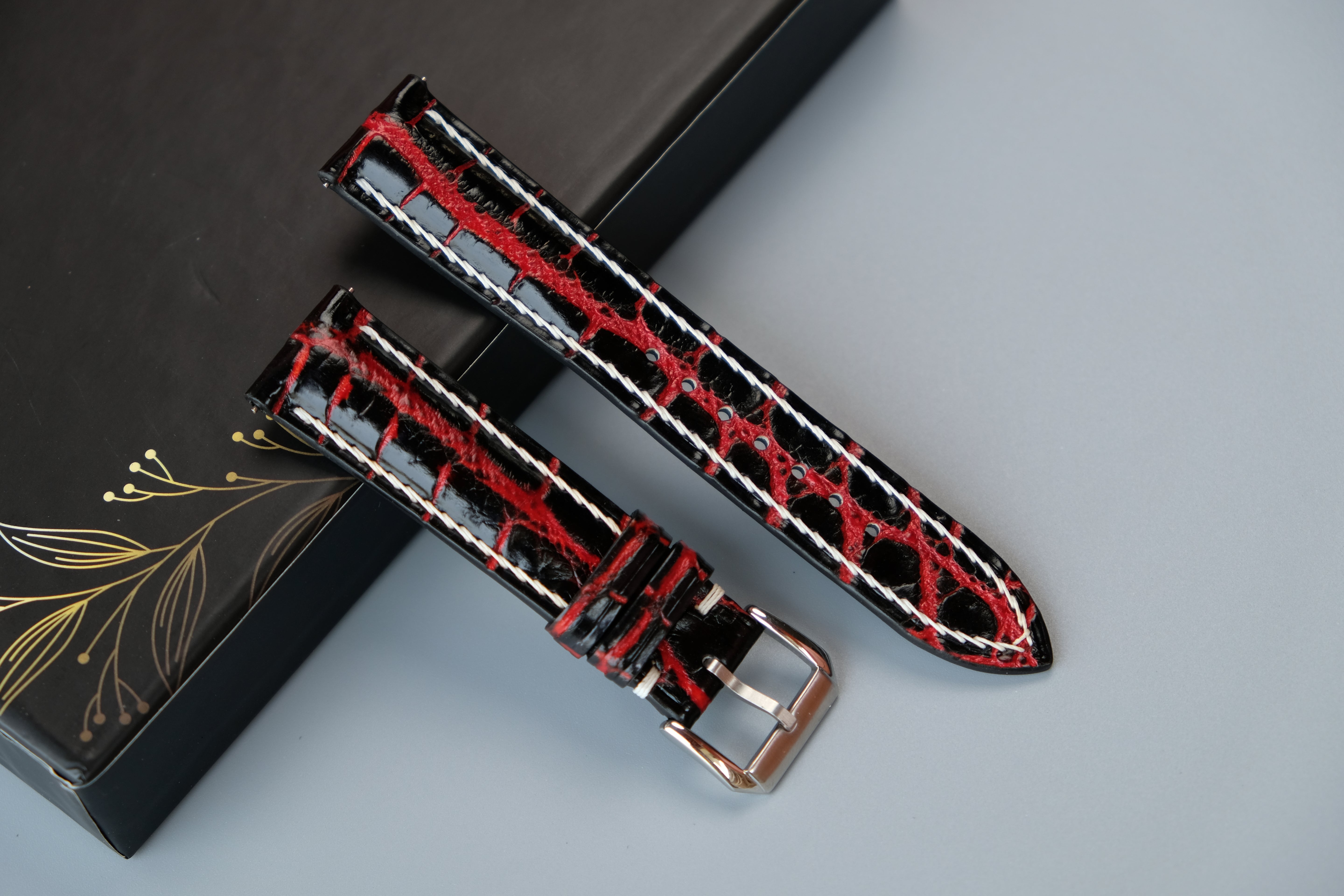 Hand-dyed Alligator Leather Watch Strap - Black And Red
