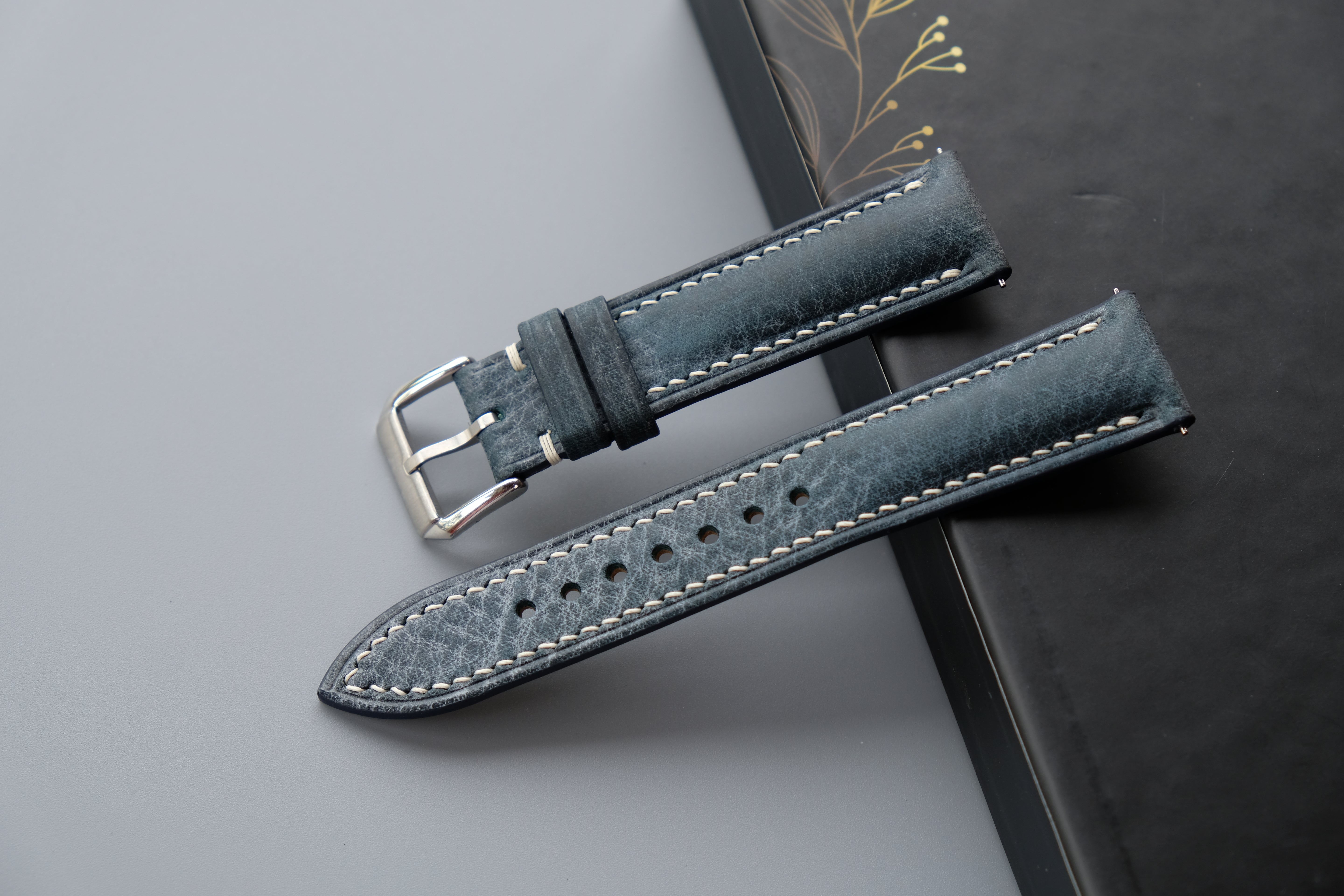 Denim Blue MBOX WAX Leather Watch Strap – Custom Sizes 10mm to 26mm