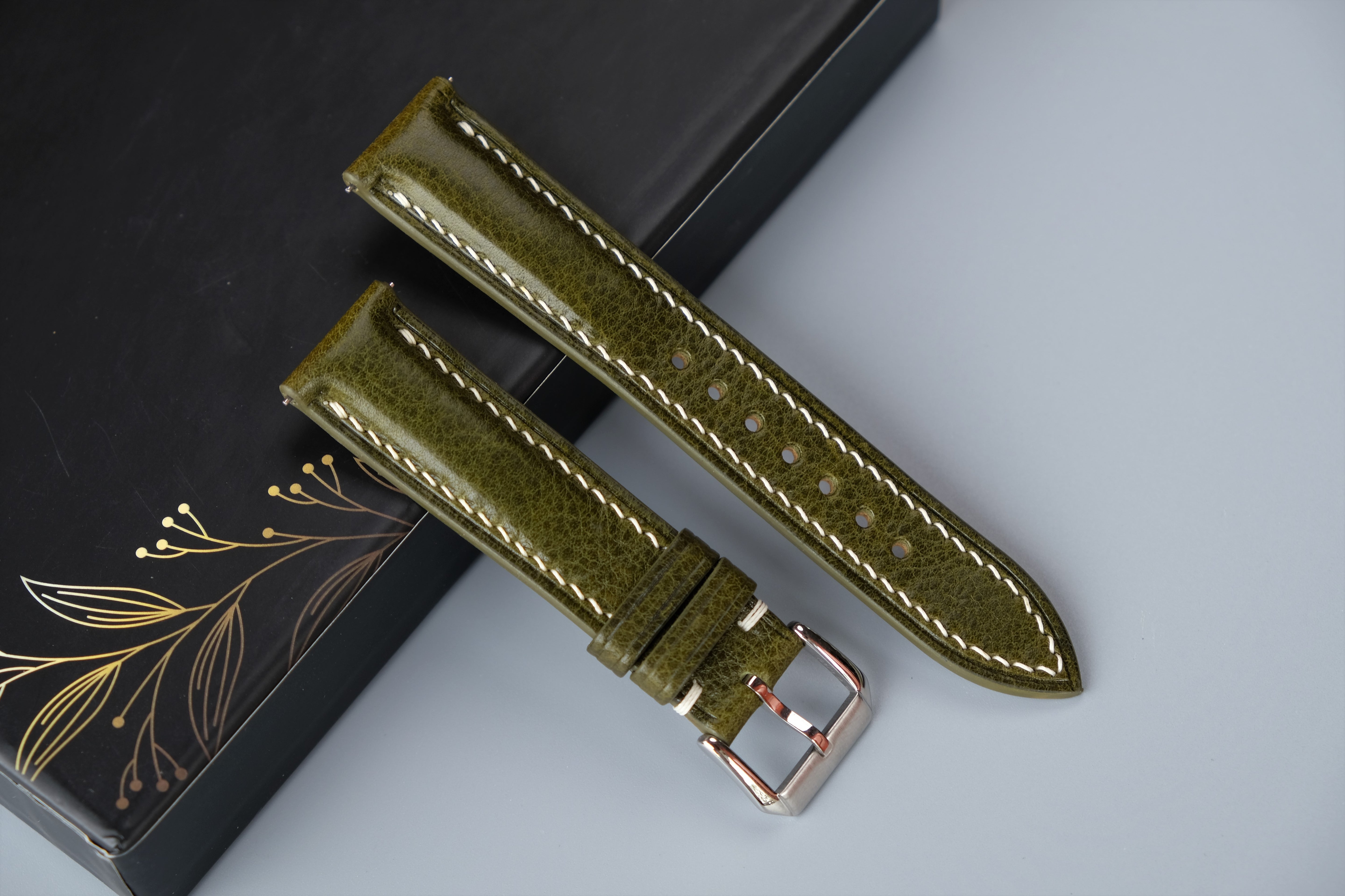 Olive Green MBOX LUX Leather Watch Strap – Custom Sizes 10mm to 26mm