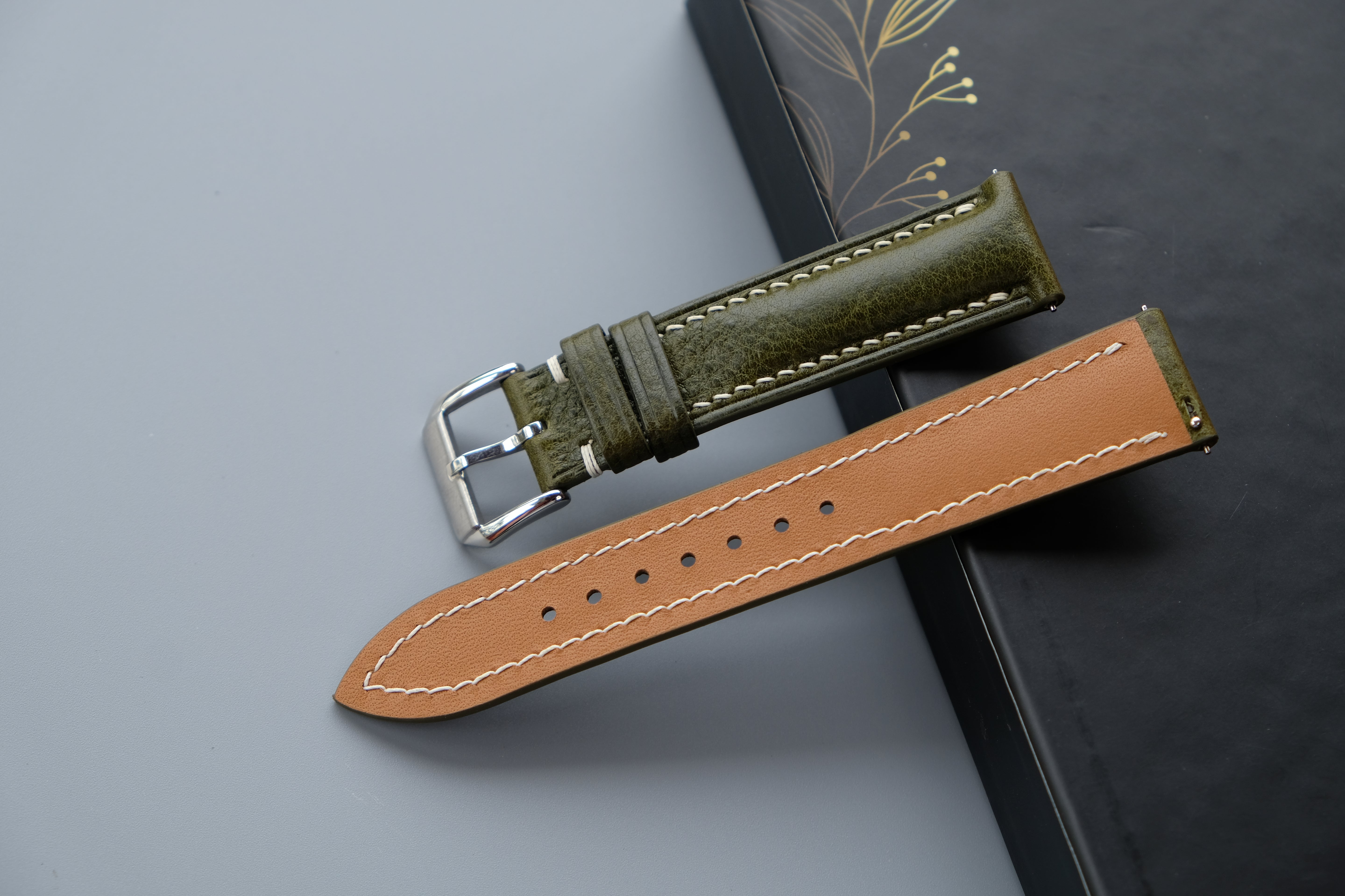 Olive Green MBOX LUX Leather Watch Strap – Custom Sizes 10mm to 26mm