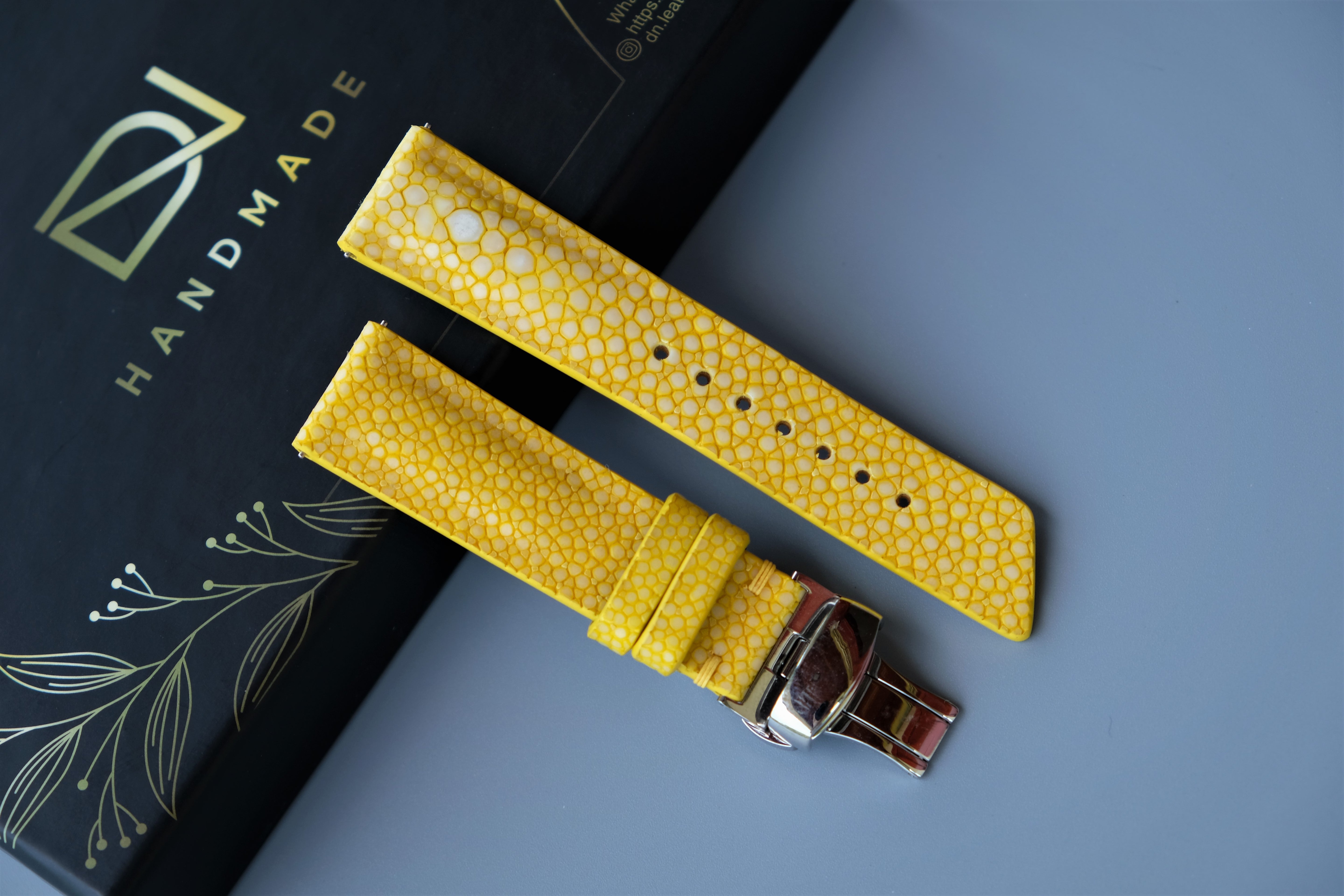 Yellow Stingray Leather Watch Strap 1 Pearl In The Center