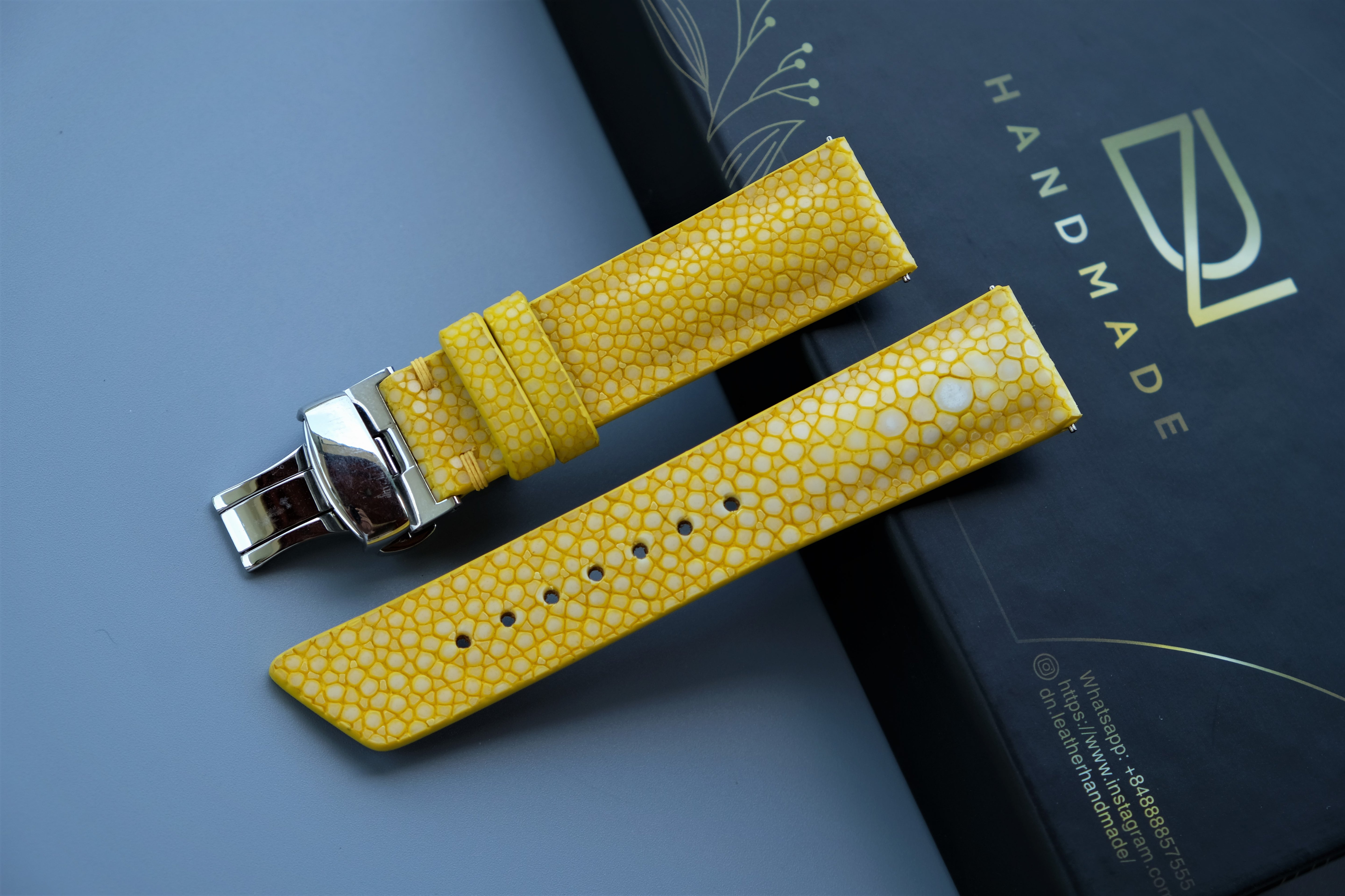 Yellow Stingray Leather Watch Strap 1 Pearl In The Center