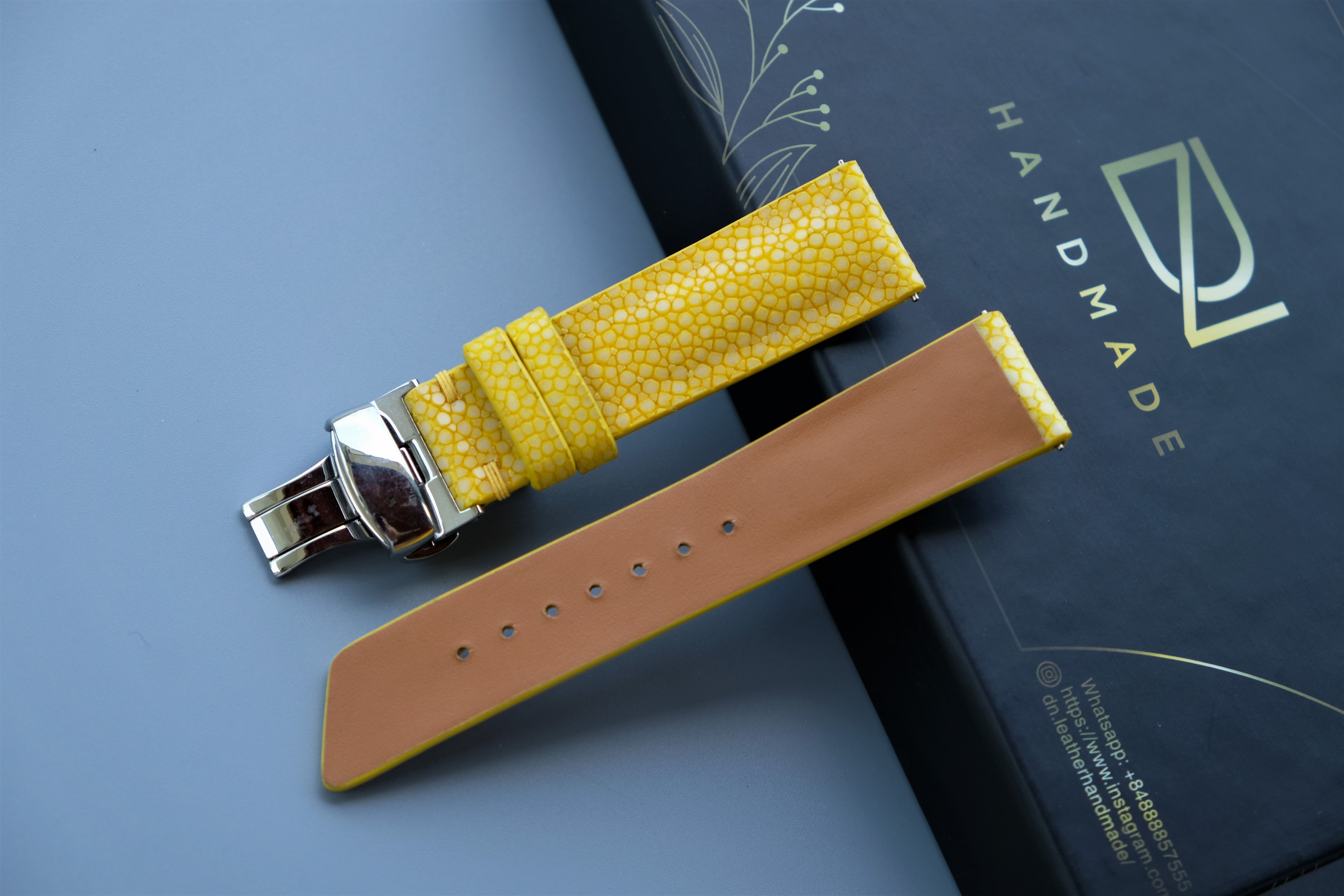 Yellow Stingray Leather Watch Strap 1 Pearl In The Center