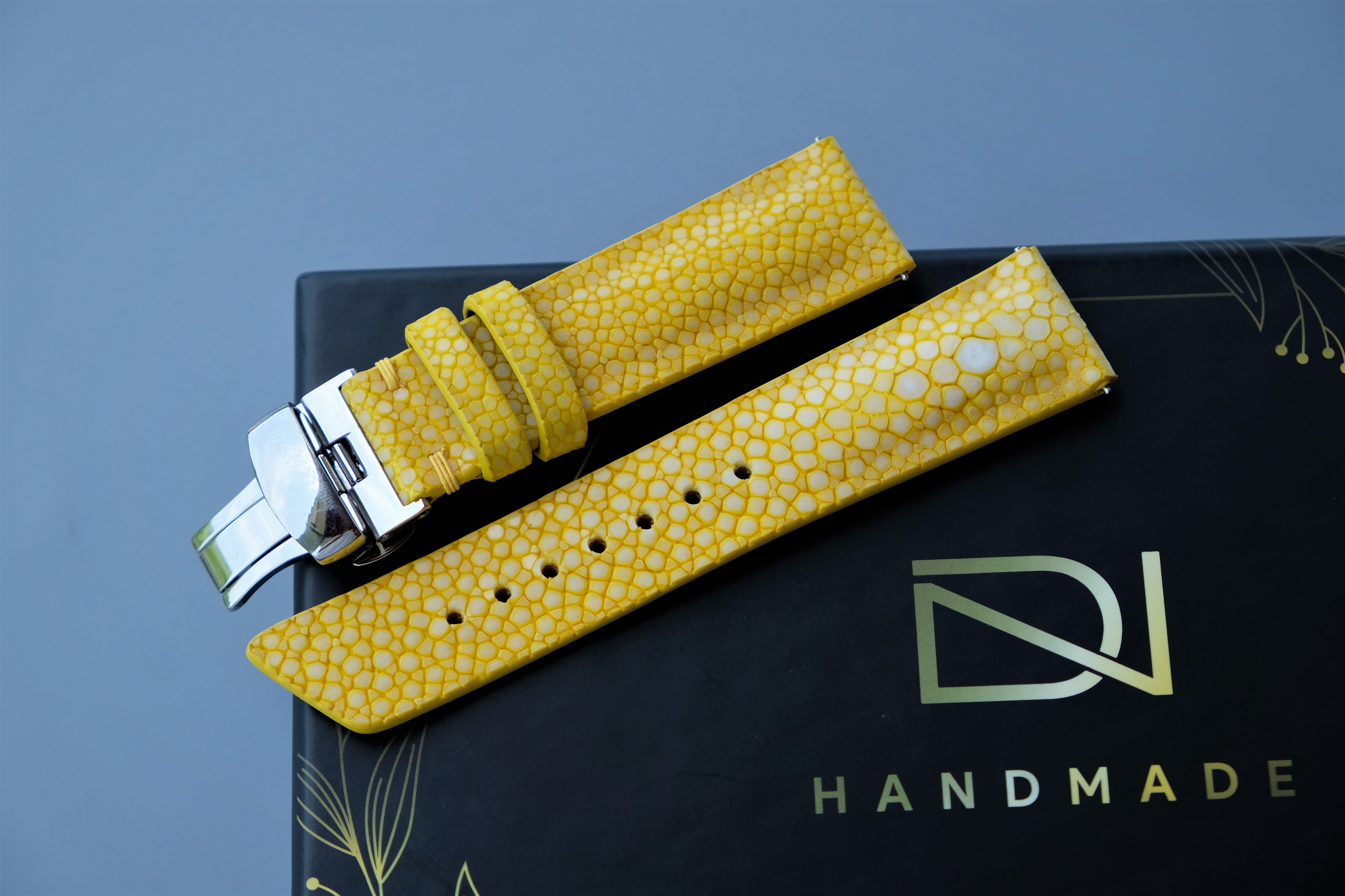 Yellow Stingray Leather Watch Strap 1 Pearl In The Center
