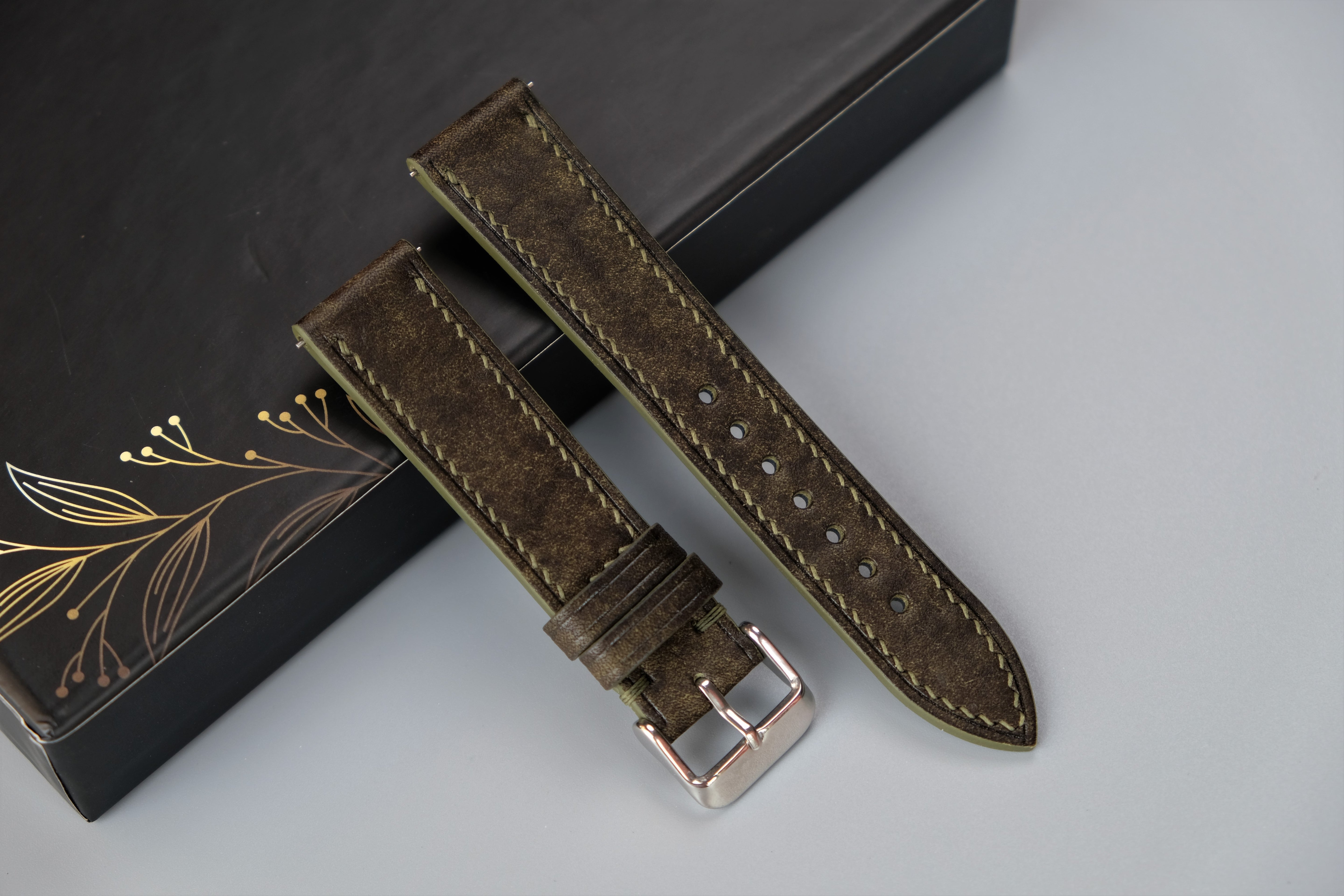 Olive Green Italian Leather Watch Strap – Badalassi HABANA – Custom Sizes 10mm to 26mm