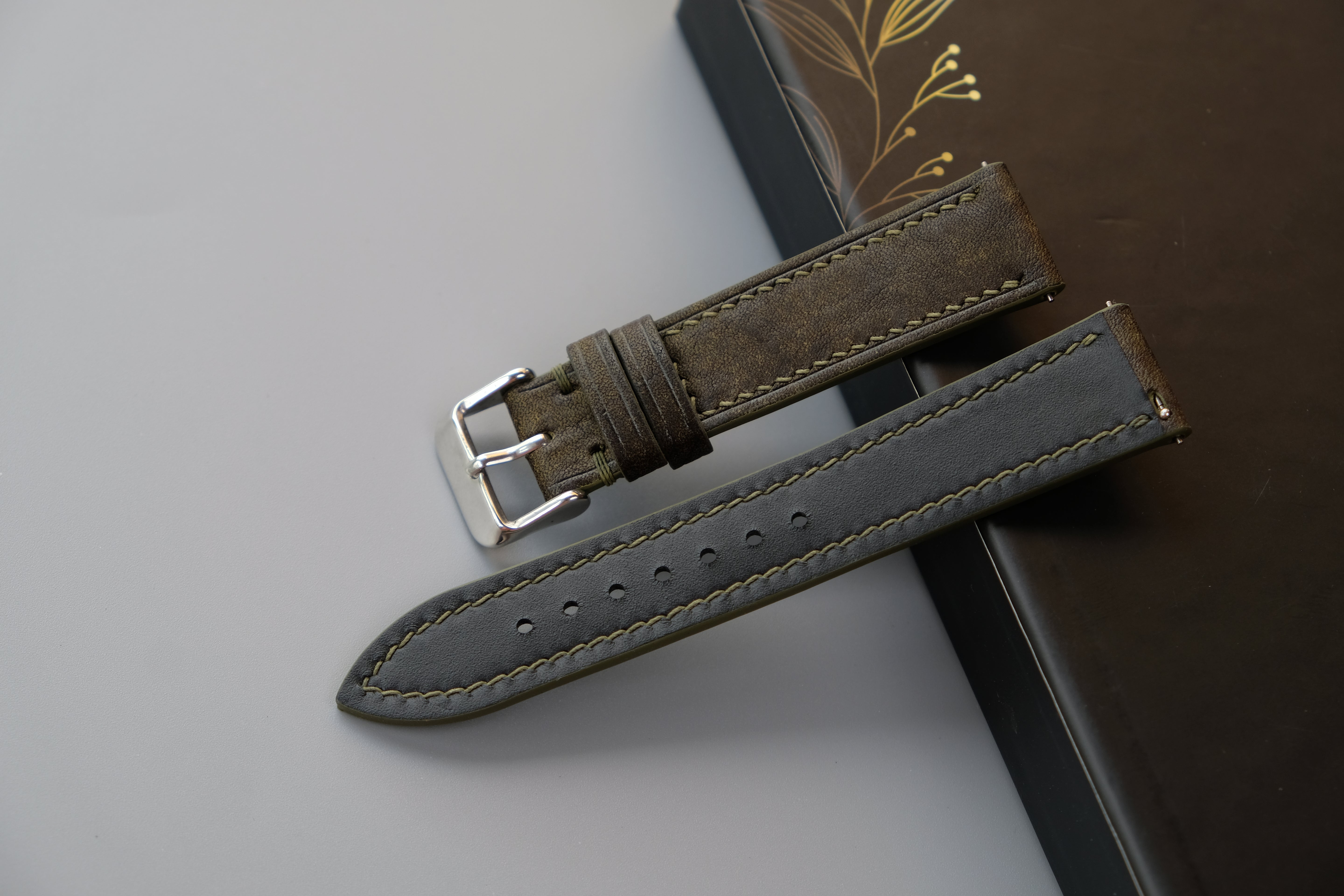 Olive Green Italian Leather Watch Strap – Badalassi HABANA – Custom Sizes 10mm to 26mm