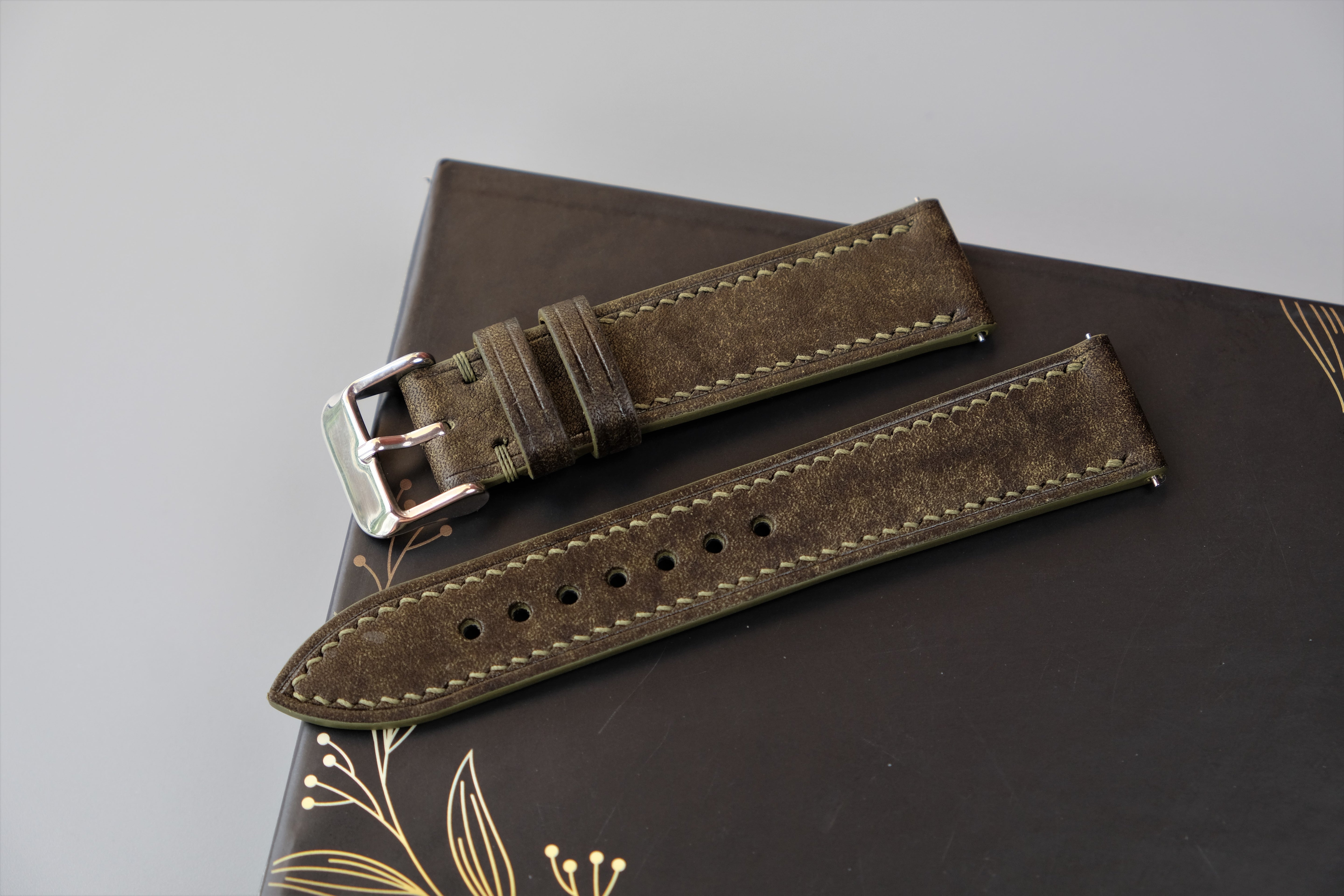 Olive Green Italian Leather Watch Strap – Badalassi HABANA – Custom Sizes 10mm to 26mm