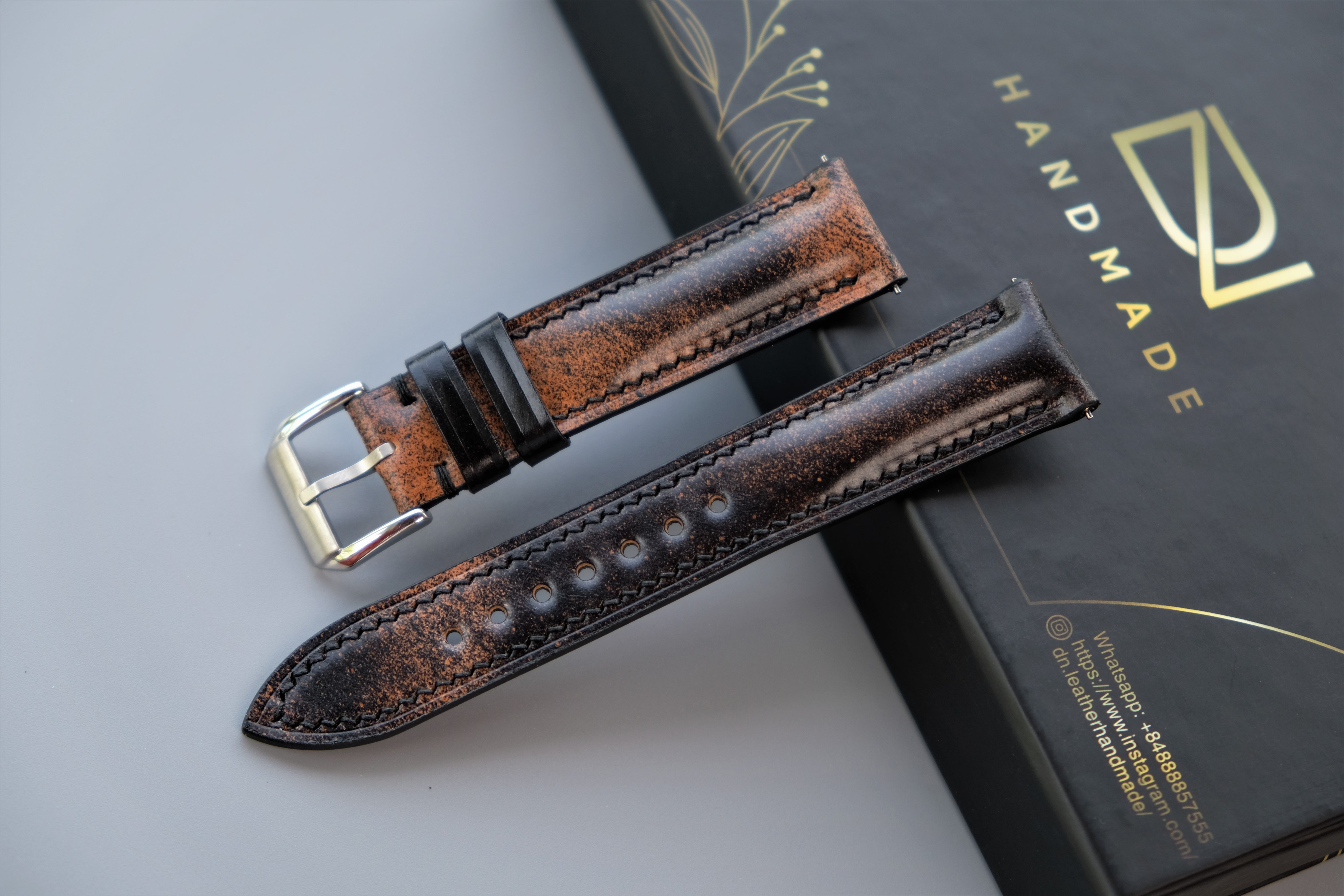 MARBLED BLACK Rocado Shell Cordovan Watch Strap – Custom Sizes 10mm to 26mm