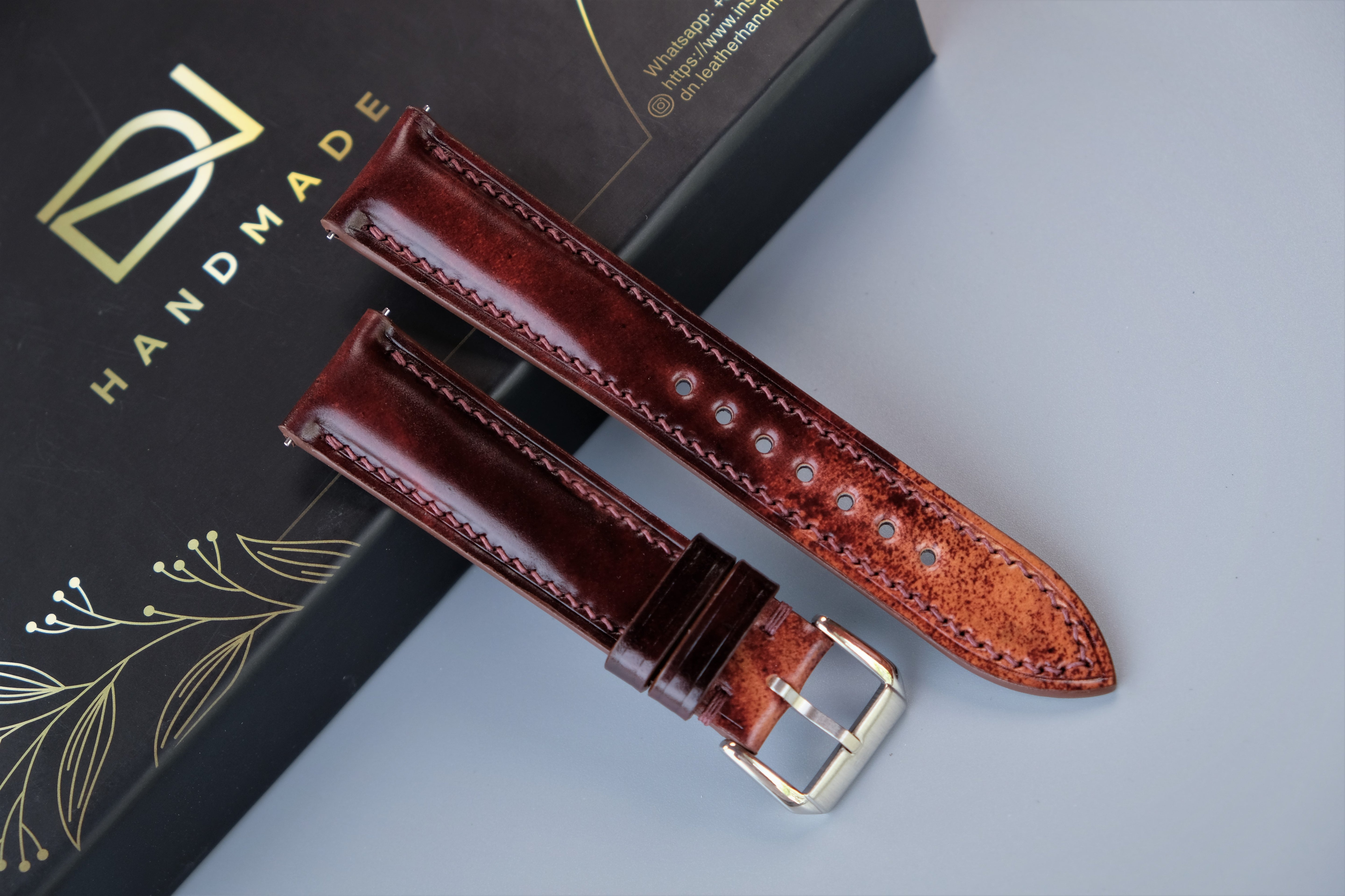 MARBLED BURGUNDY Rocado Shell Cordovan Watch Strap – Custom Sizes 10mm to 26mm