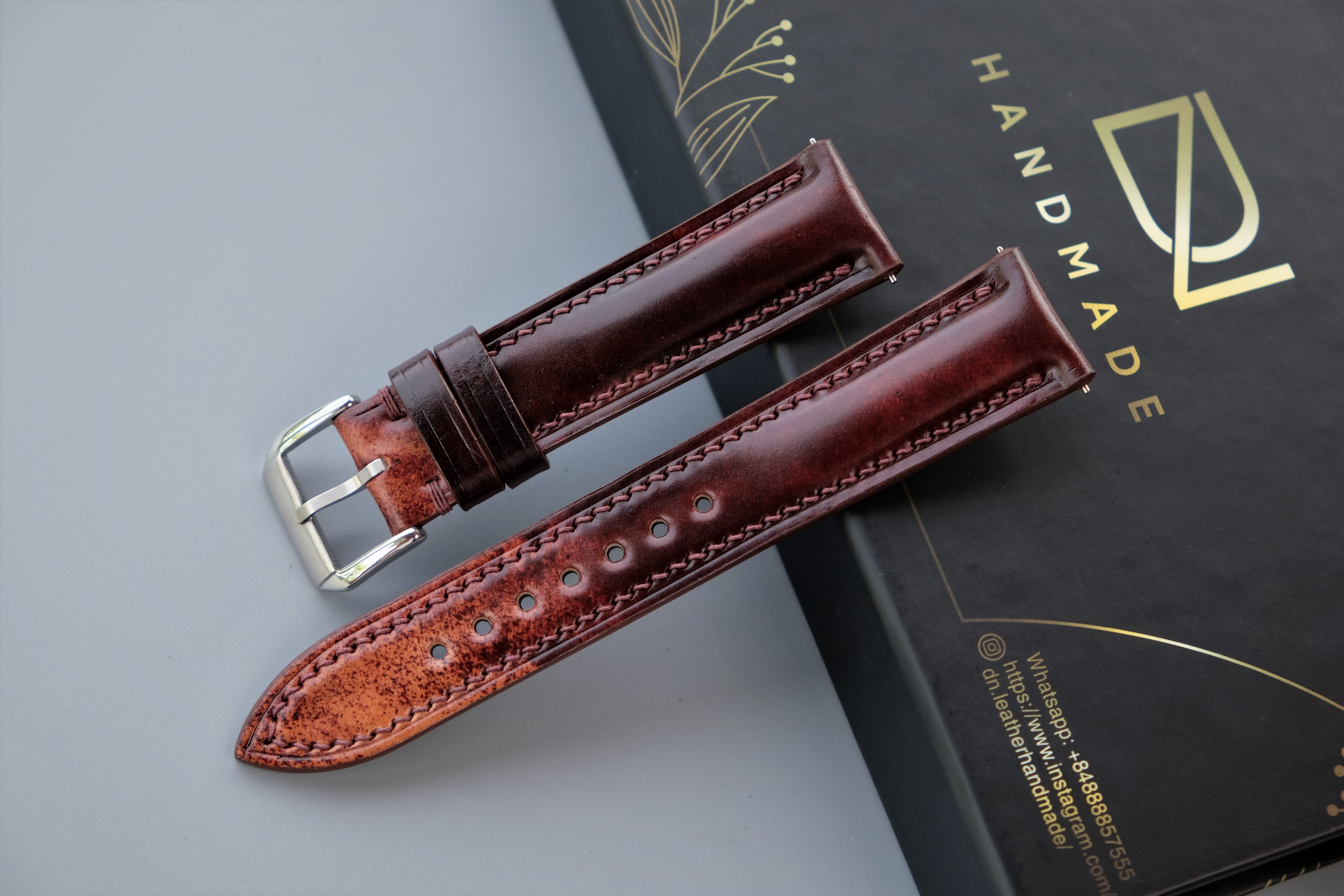MARBLED BURGUNDY Rocado Shell Cordovan Watch Strap – Custom Sizes 10mm to 26mm