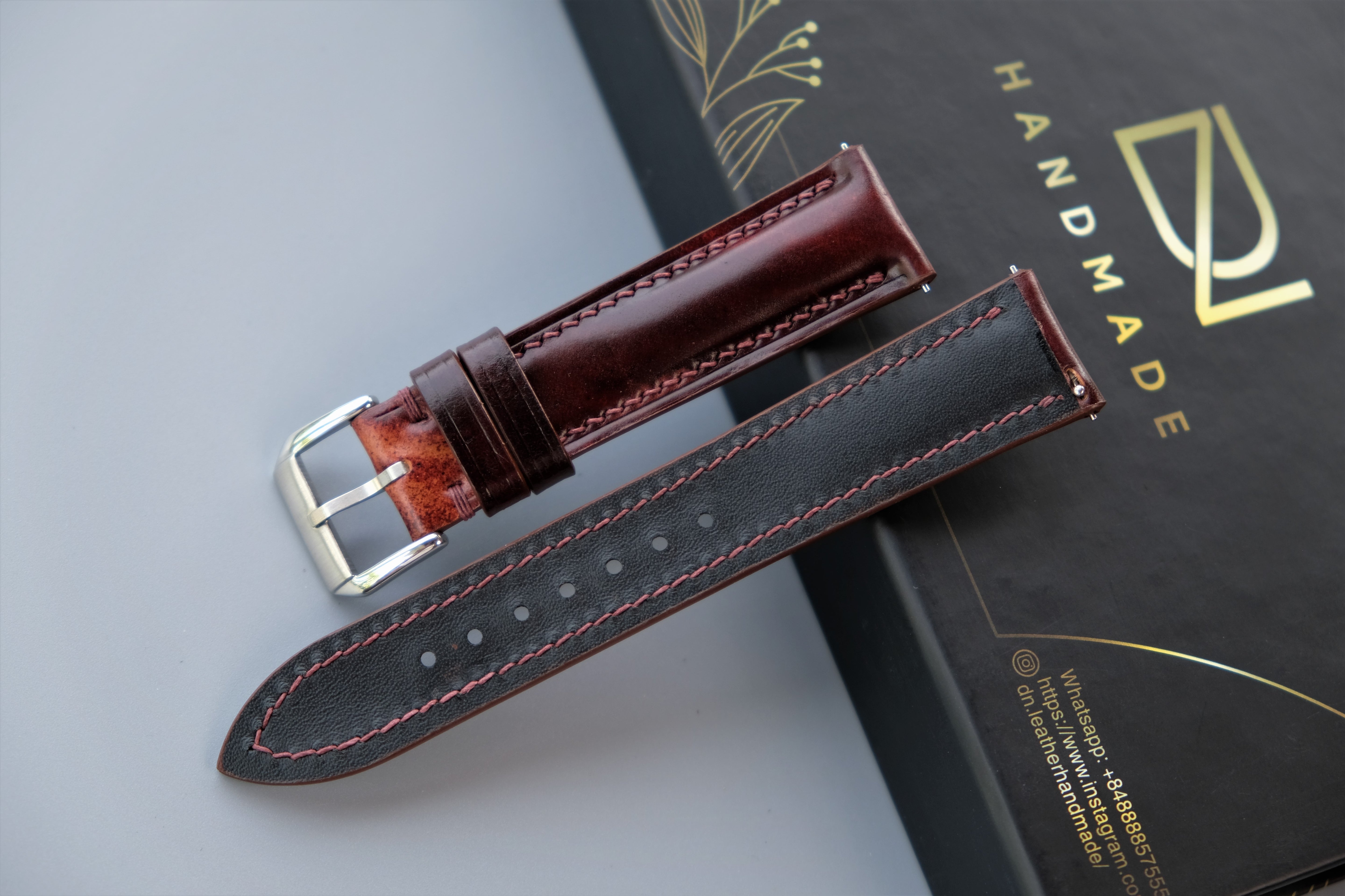 MARBLED BURGUNDY Rocado Shell Cordovan Watch Strap – Custom Sizes 10mm to 26mm