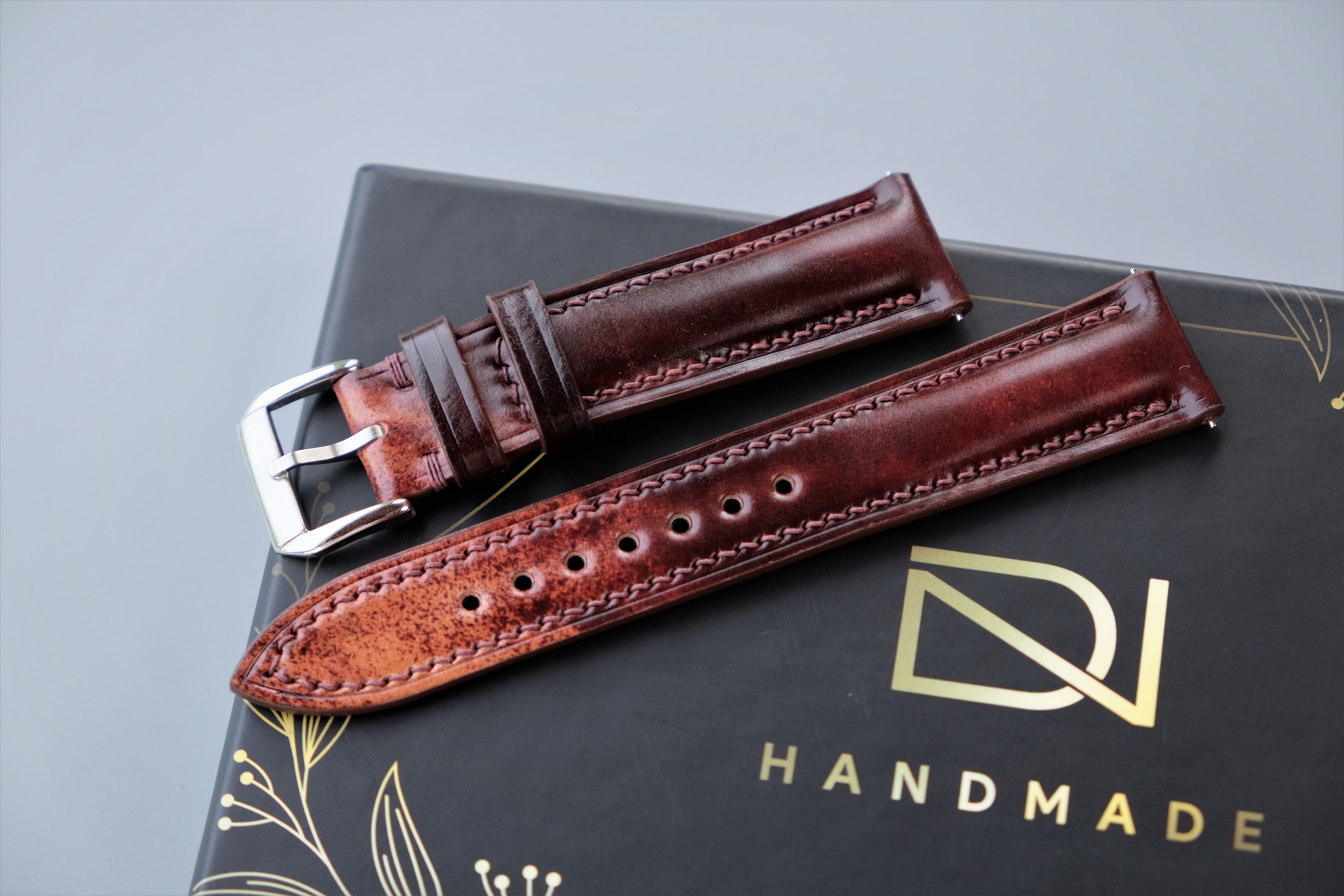 MARBLED BURGUNDY Rocado Shell Cordovan Watch Strap – Custom Sizes 10mm to 26mm