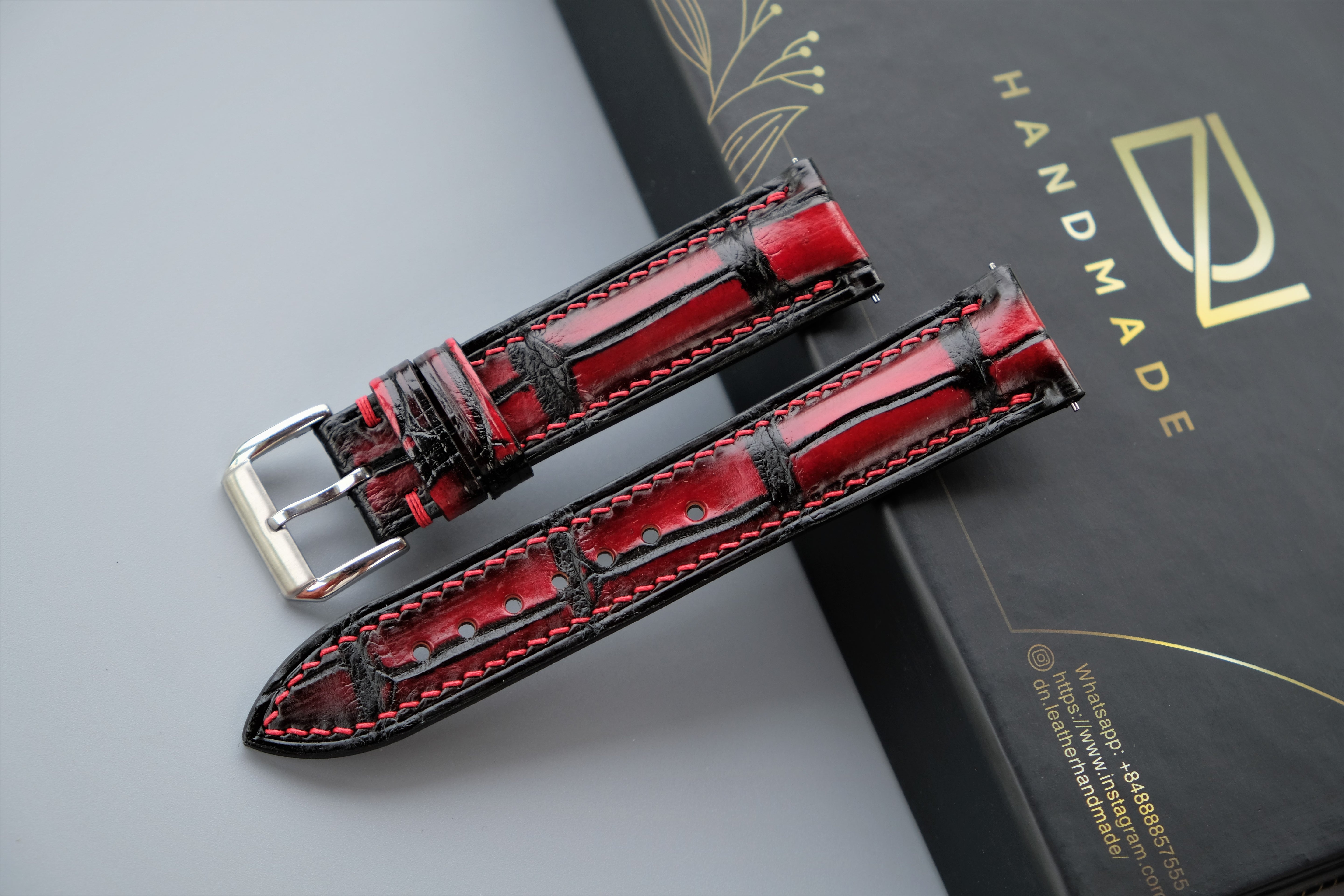 PATINA Alligator Leather Watch Strap - Black And Red