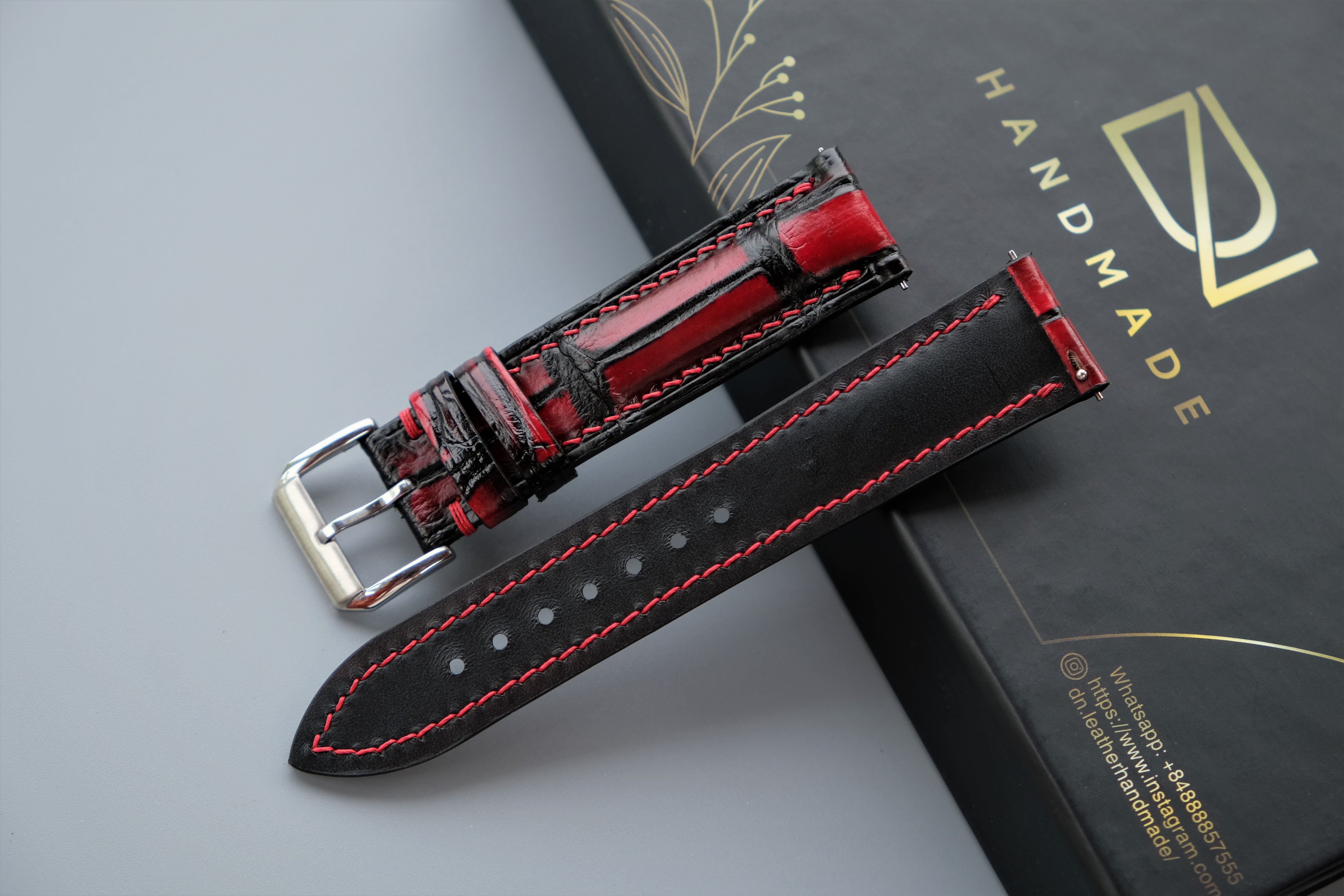 PATINA Alligator Leather Watch Strap - Black And Red