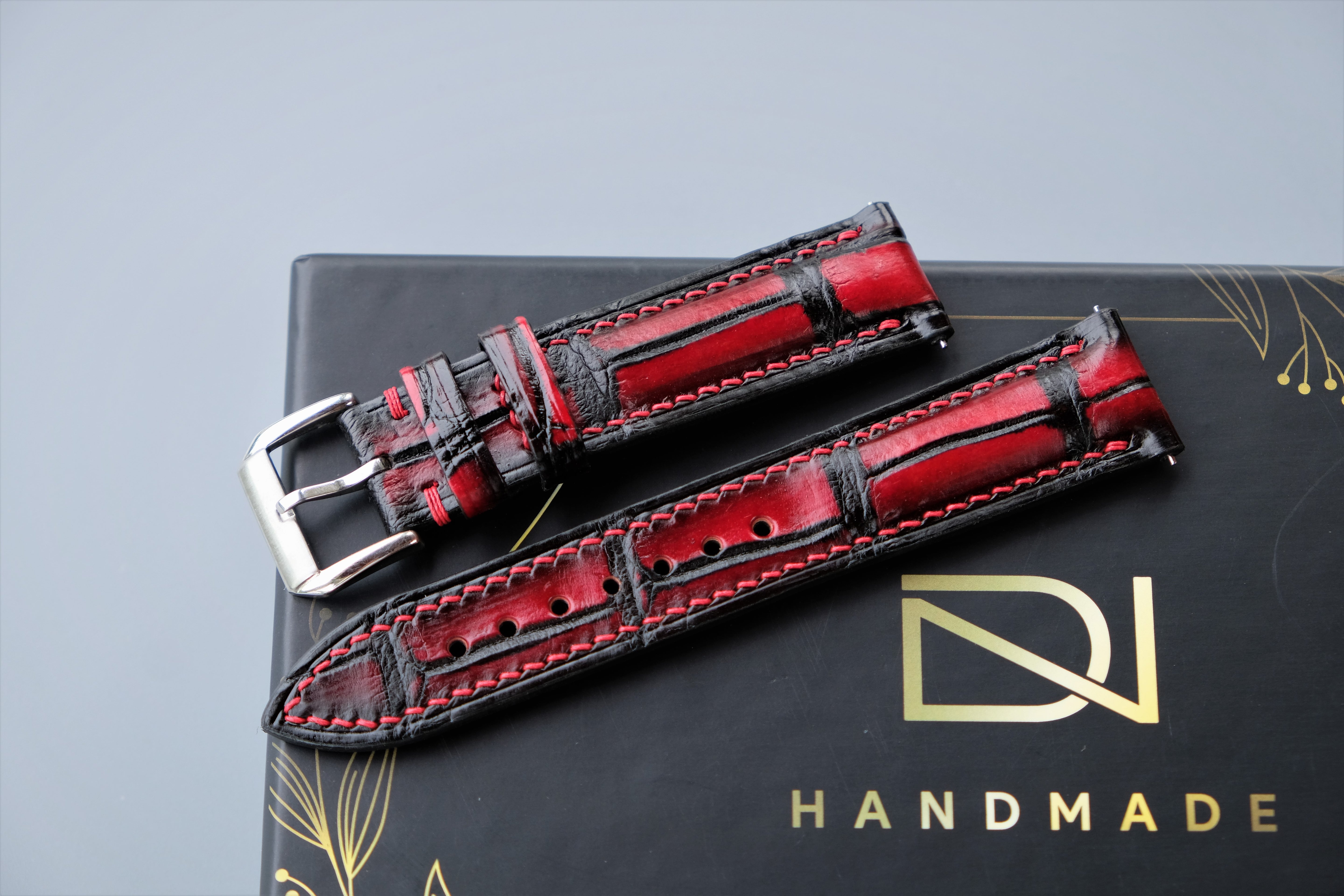 PATINA Alligator Leather Watch Strap - Black And Red