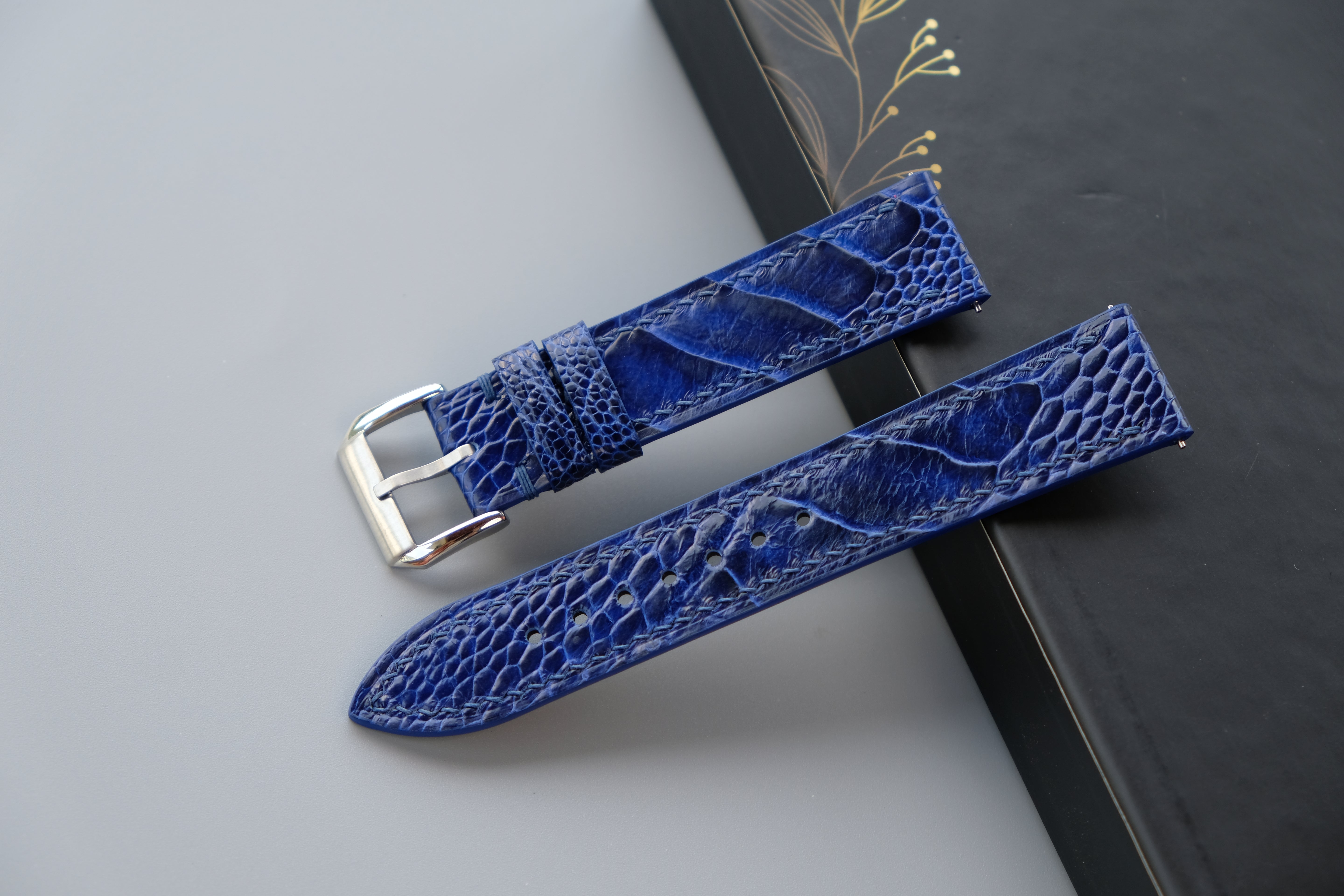 Blue Ostrich Leather Watch Strap – Custom Sizes 10mm to 26mm