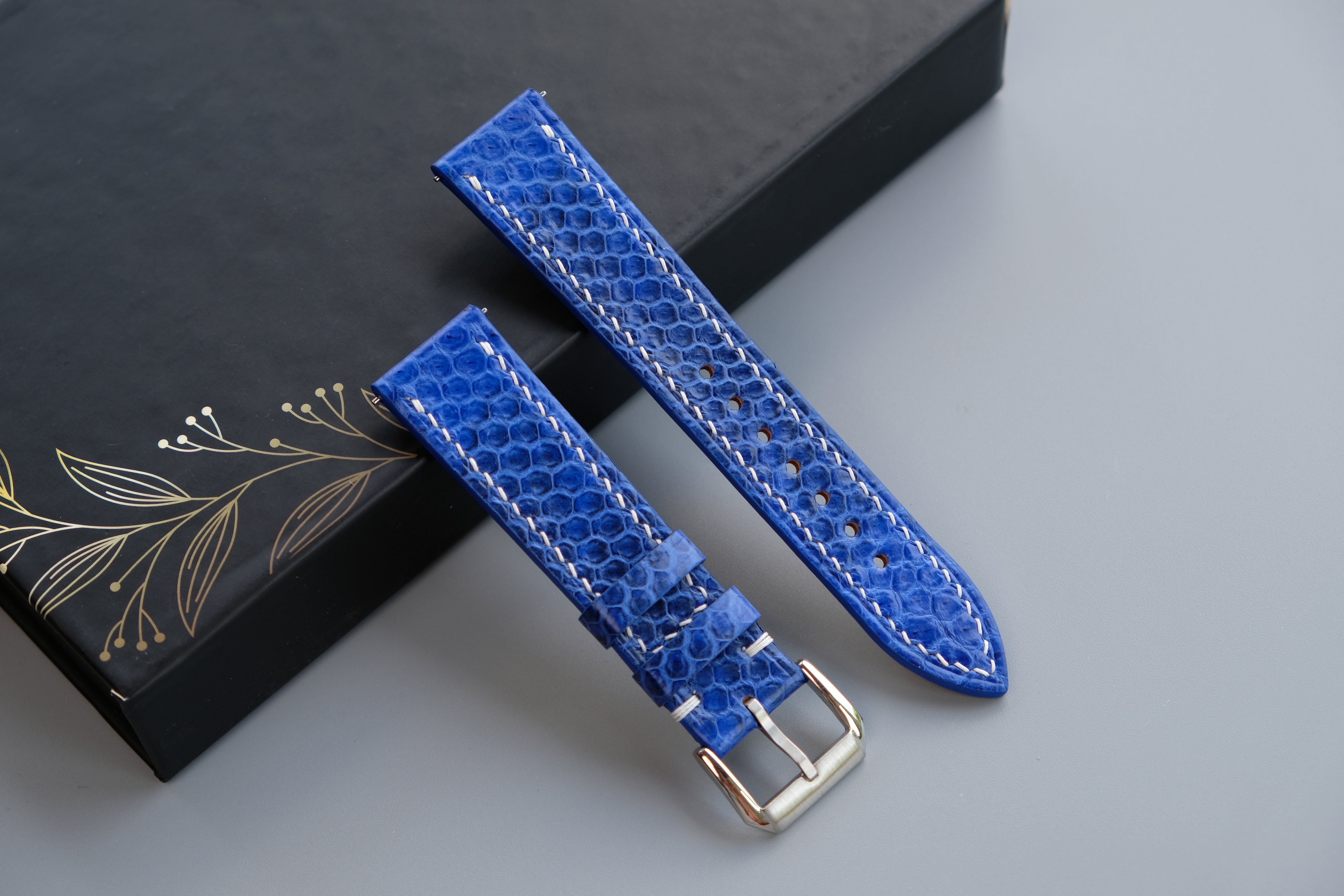 Blue Snakeskin Leather Watch Strap - Custom Sizes From 26mm to 12mm