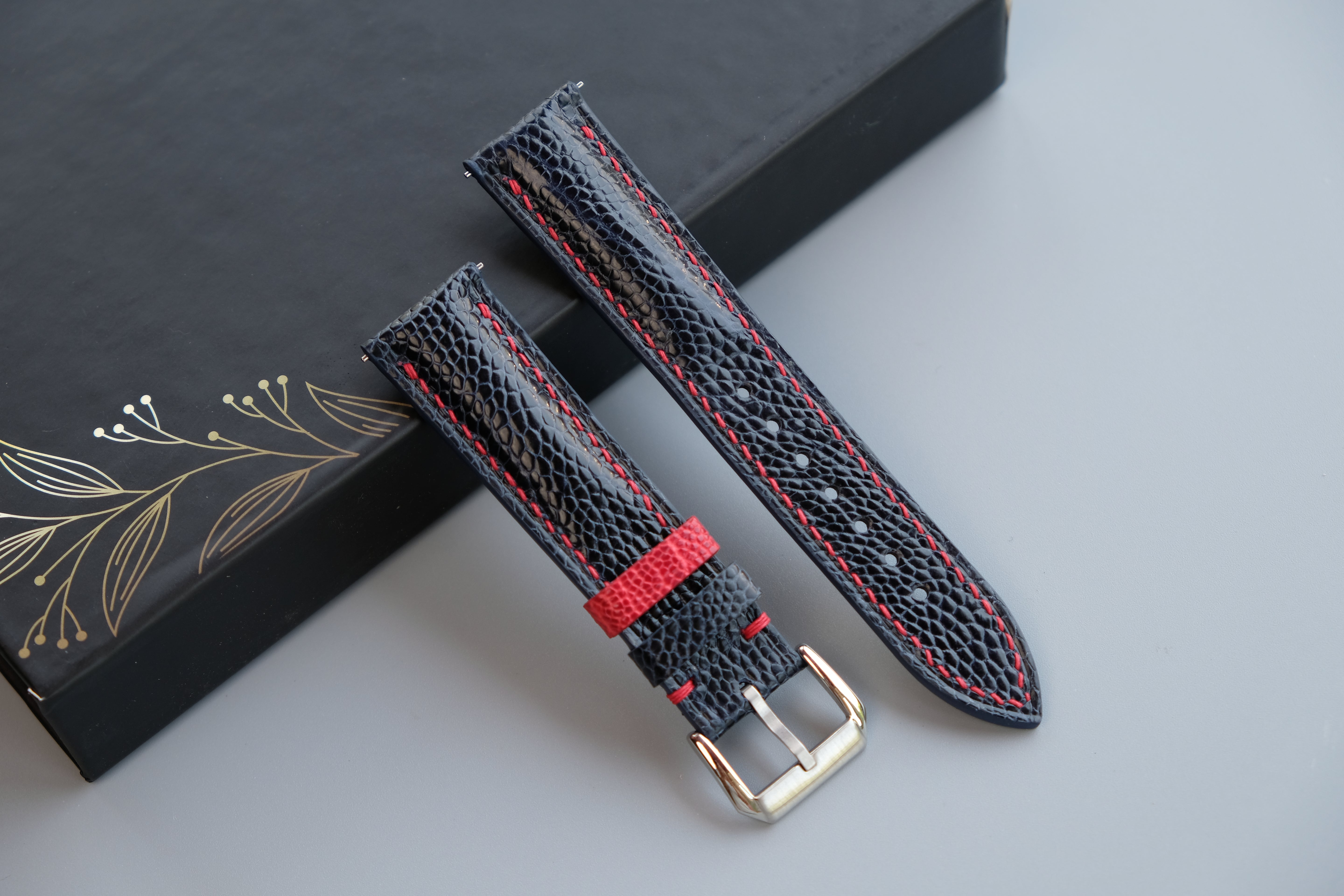 Dark Navy Ostrich Leather Watch Strap – Custom Sizes 10mm to 26mm