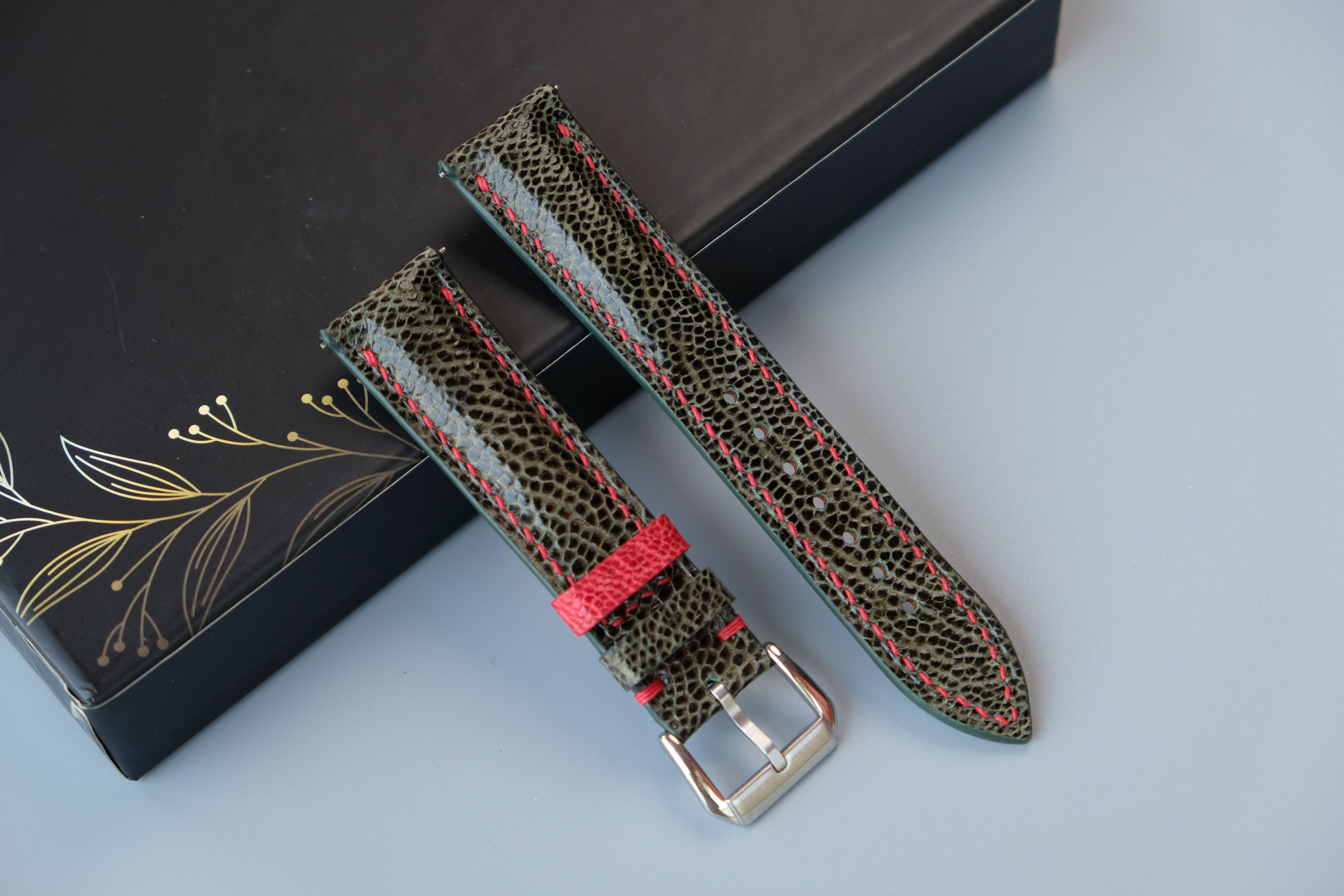 Olive Green Ostrich Leather Watch Strap – Custom Sizes 10mm to 26mm