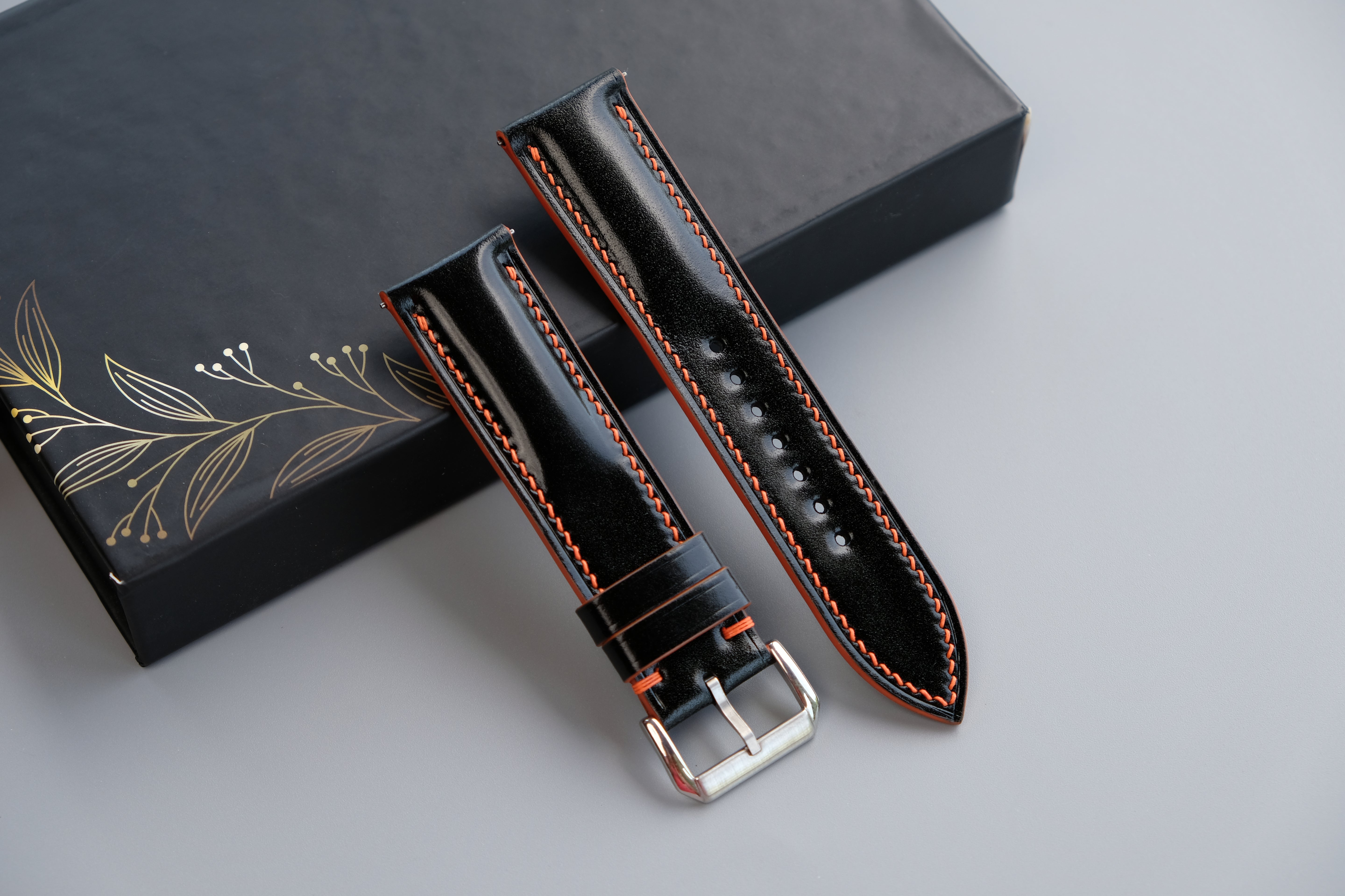 Black Shell Cordovan Watch Strap – Handmade Shinki Hikaku Leather Band – Custom Size 10mm to 26mm