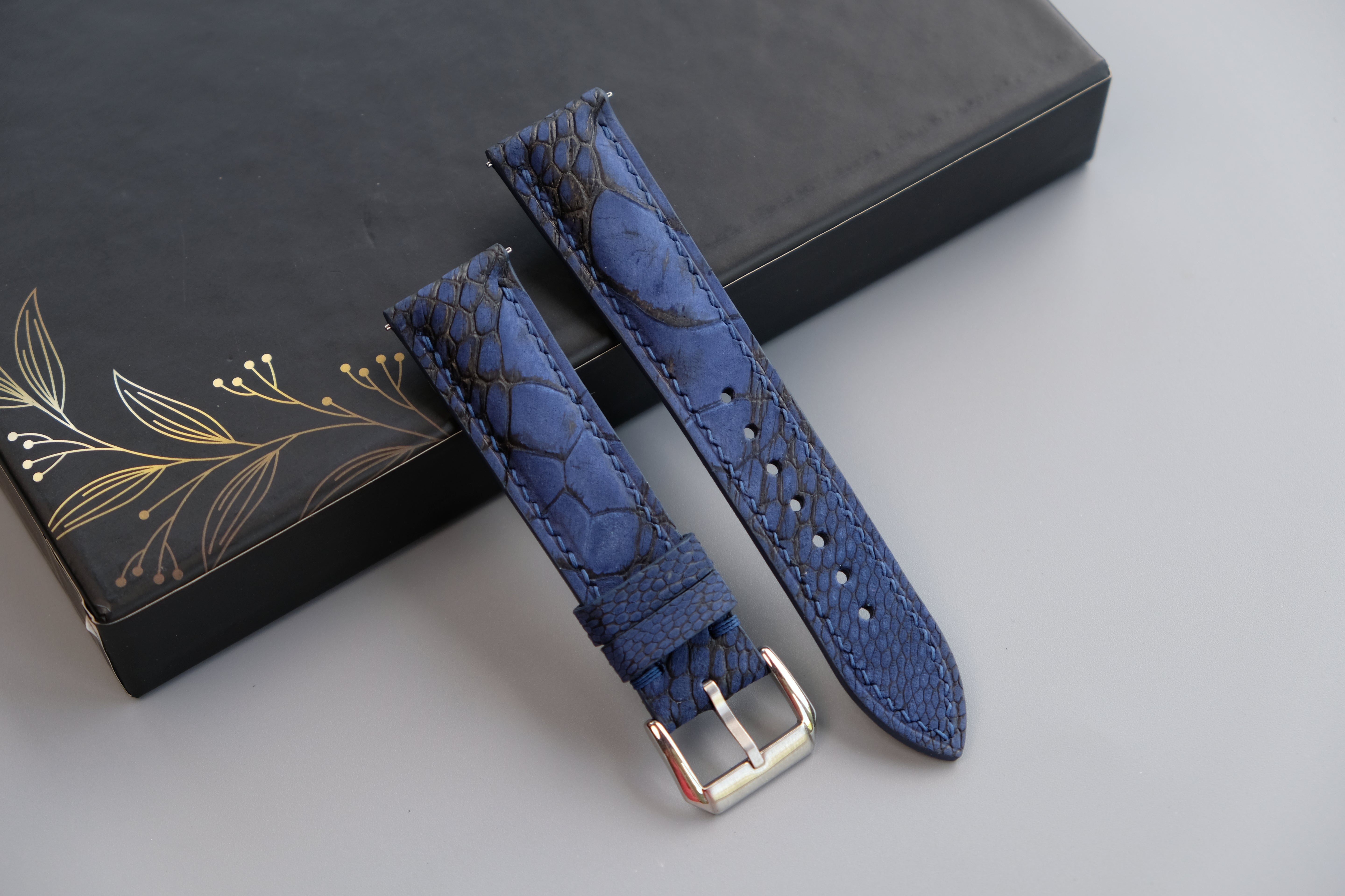 Navy Blue Ostrich Nubuck Leather Watch Strap - Custom Sizes From 26mm to 12mm