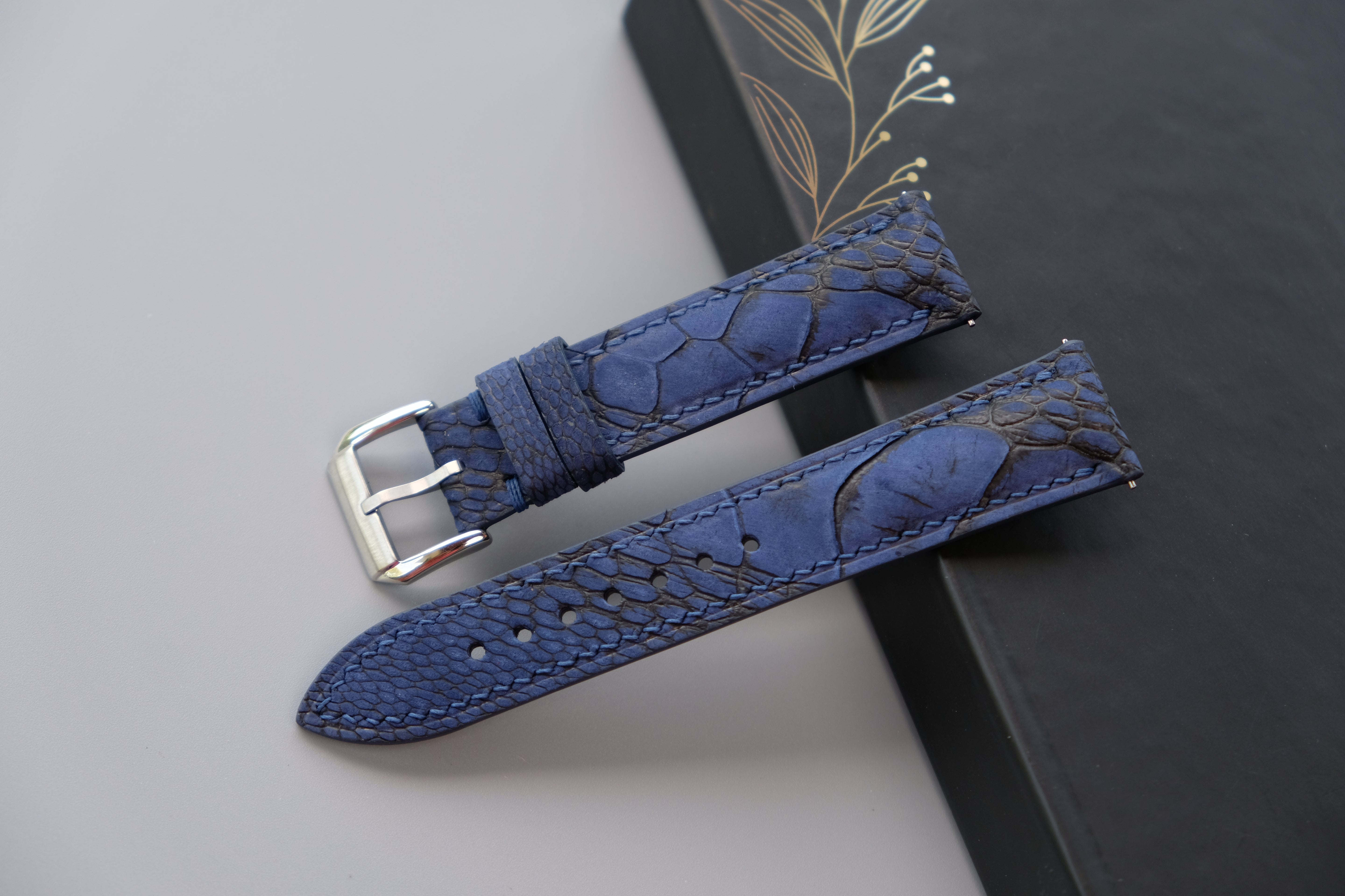 Navy Blue Ostrich Nubuck Leather Watch Strap - Custom Sizes From 26mm to 12mm