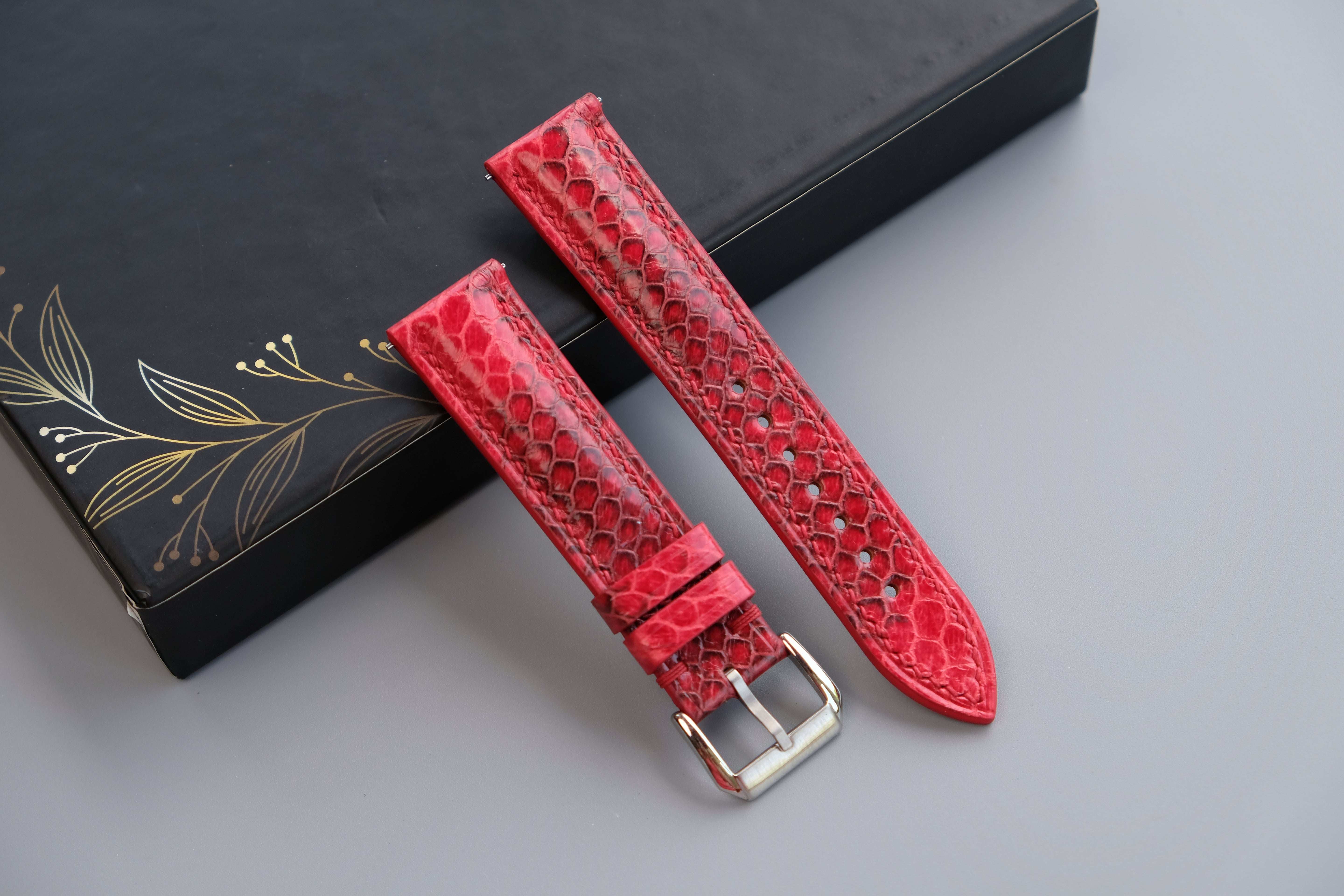 Red Snakeskin Leather Watch Strap - Custom Sizes From 26mm to 12mm
