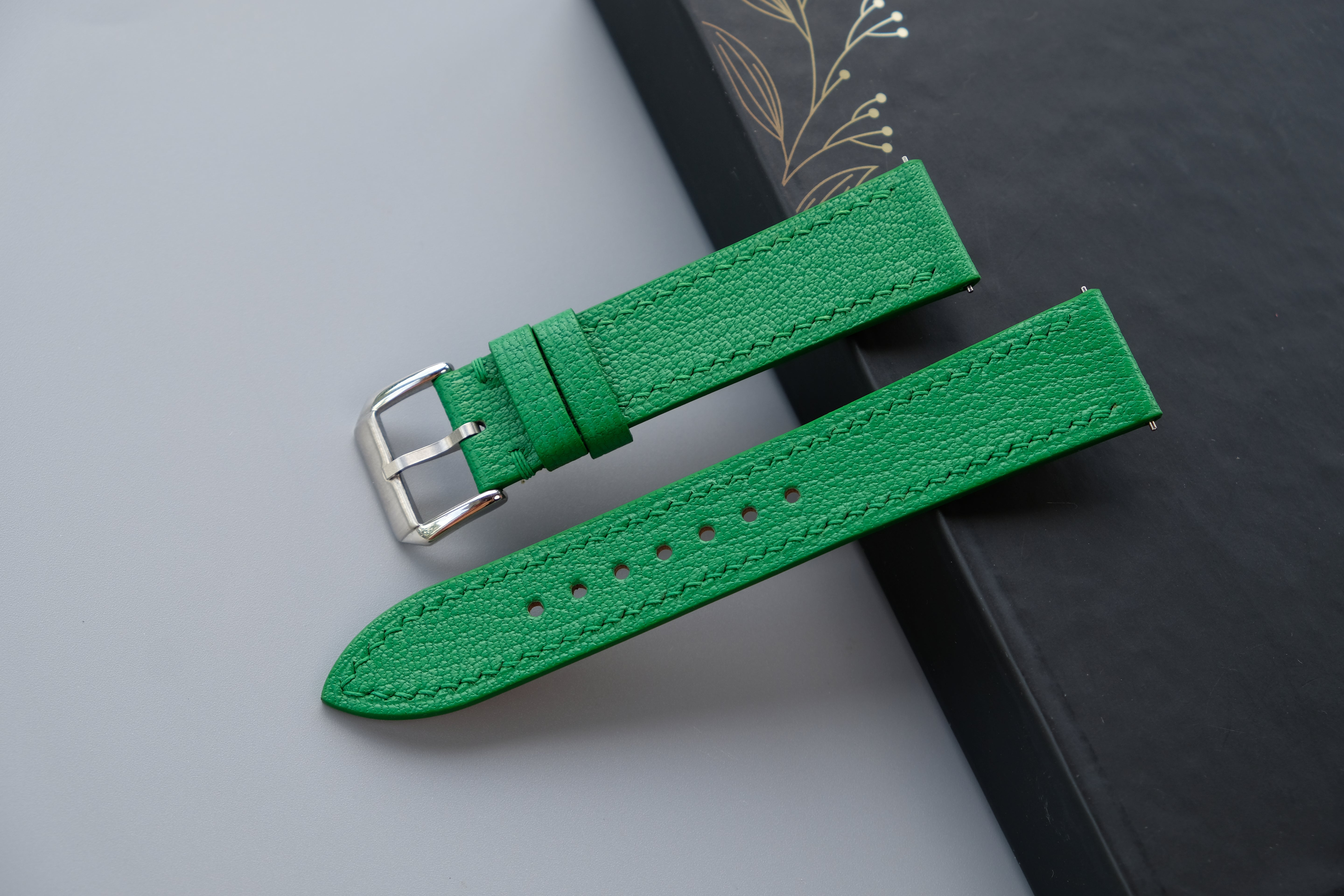 Handmade Green Goat Leather Watch Strap | Chevre Sully French Leather | Quick Release Optional | Custom Sizes From 26mm to 12mm