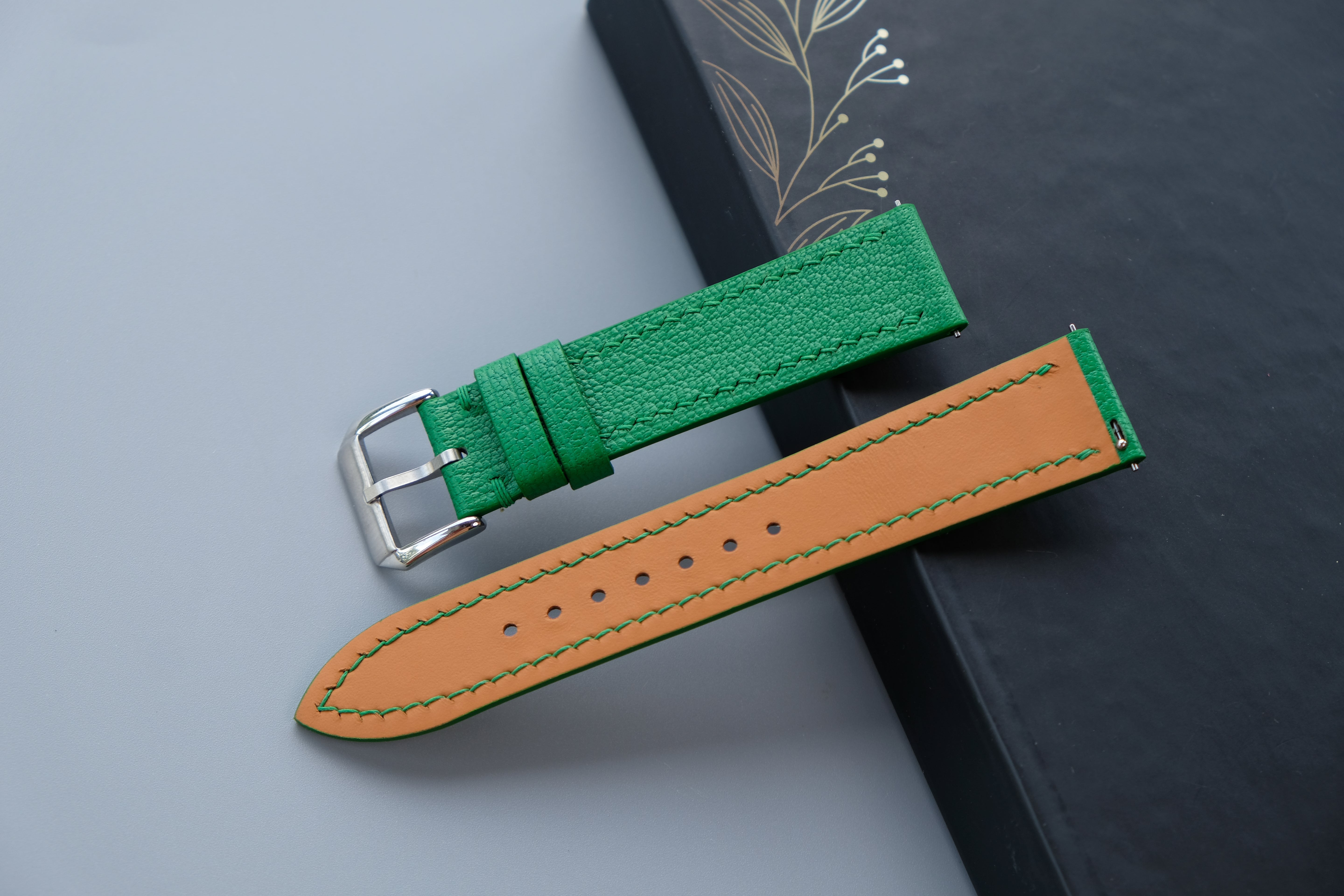 Handmade Green Goat Leather Watch Strap | Chevre Sully French Leather | Quick Release Optional | Custom Sizes From 26mm to 12mm