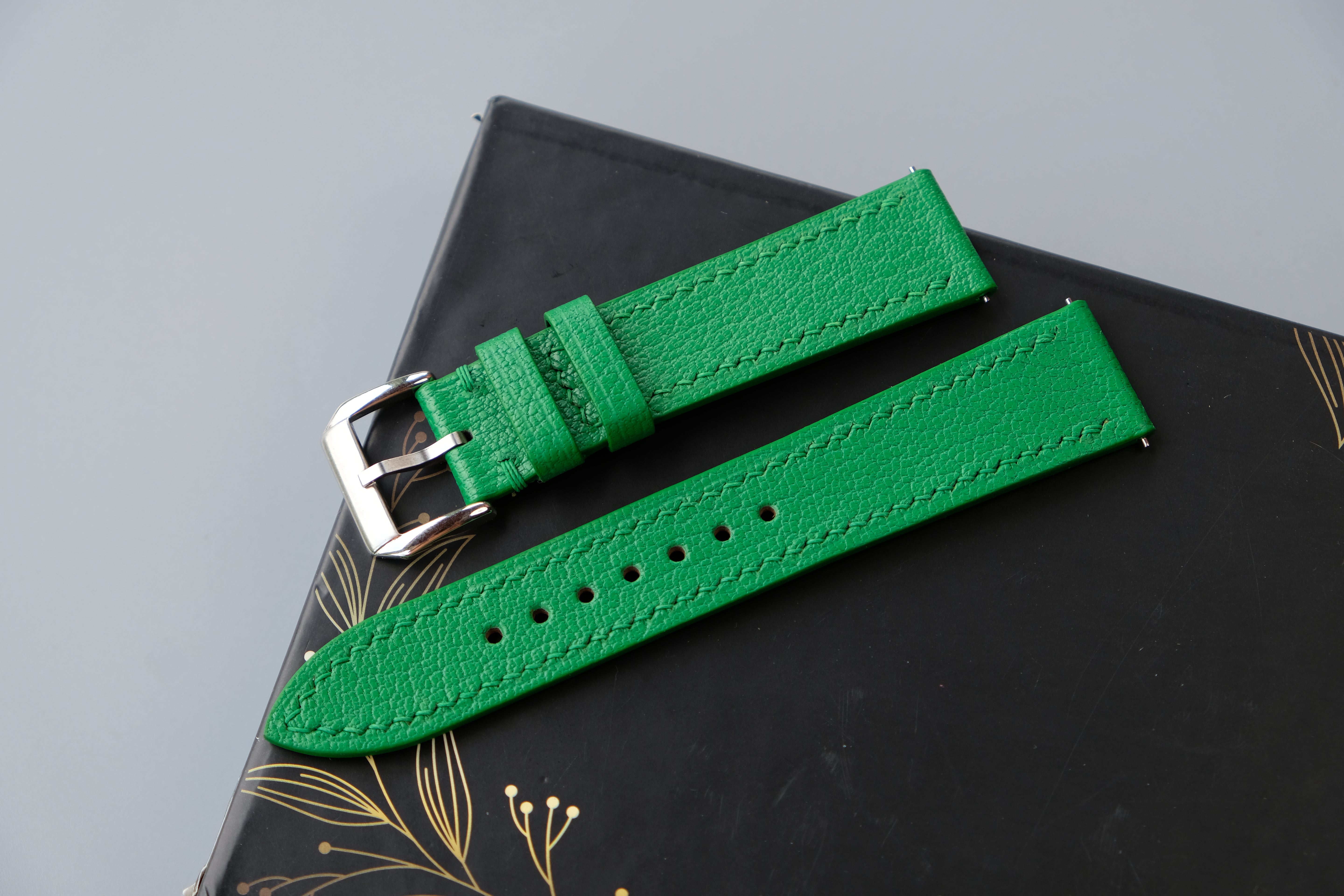 Handmade Green Goat Leather Watch Strap | Chevre Sully French Leather | Quick Release Optional | Custom Sizes From 26mm to 12mm