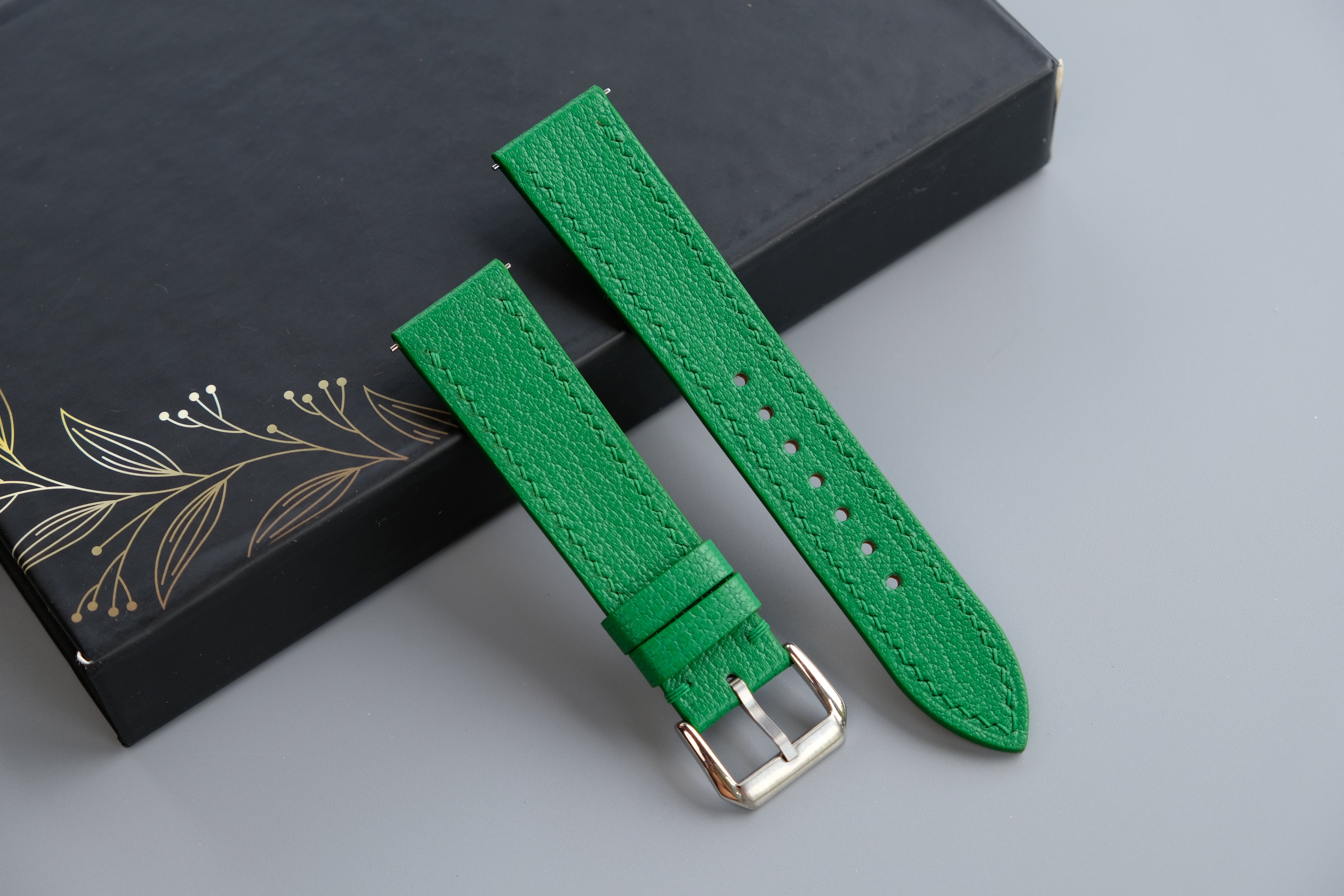 Handmade Green Goat Leather Watch Strap | Chevre Sully French Leather | Quick Release Optional | Custom Sizes From 26mm to 12mm