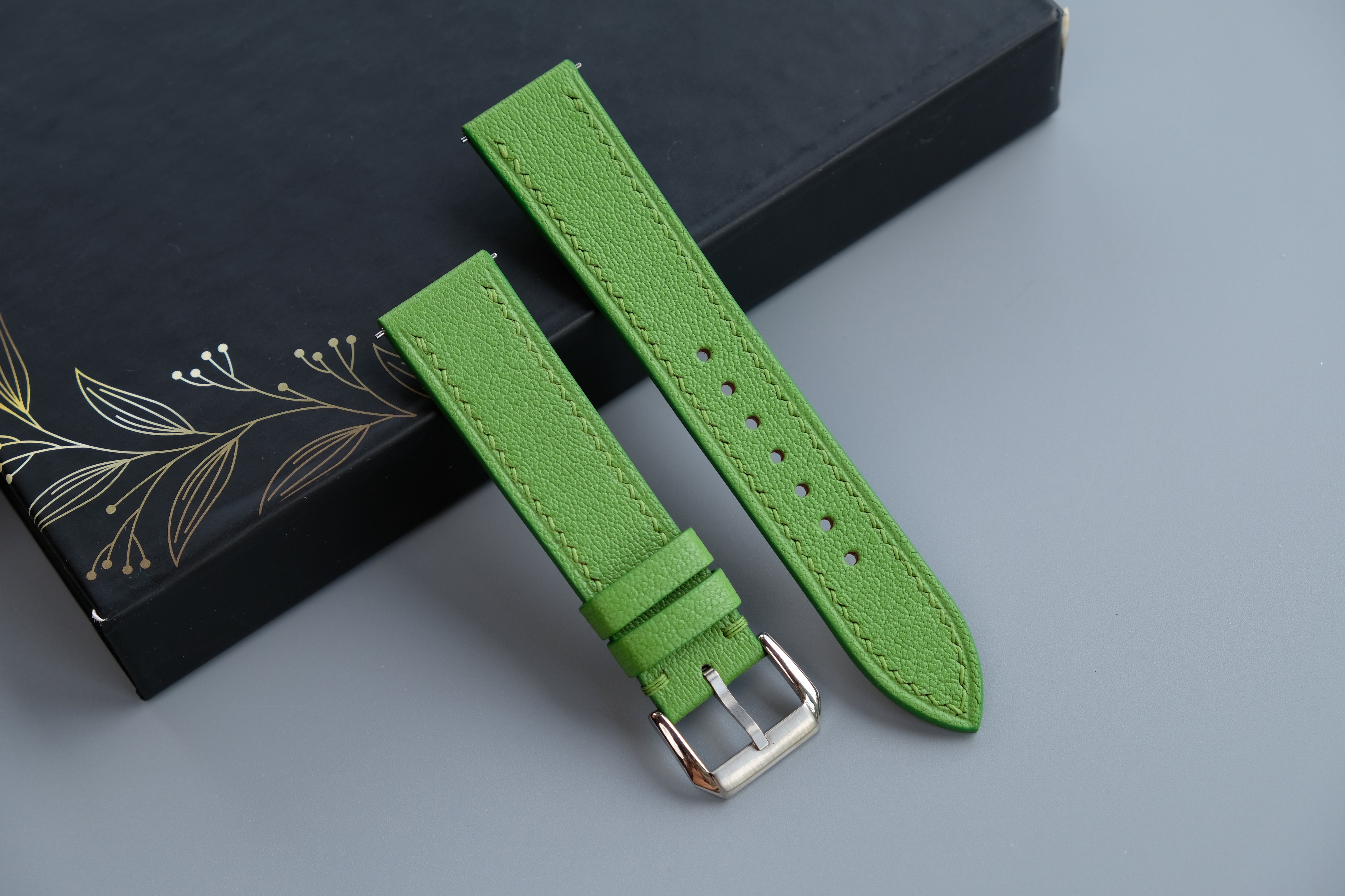 Handmade Lime Green Goat Leather Watch Strap | Chevre Sully French Leather | Custom Sizes 26mm–12mm | Quick Release Optional