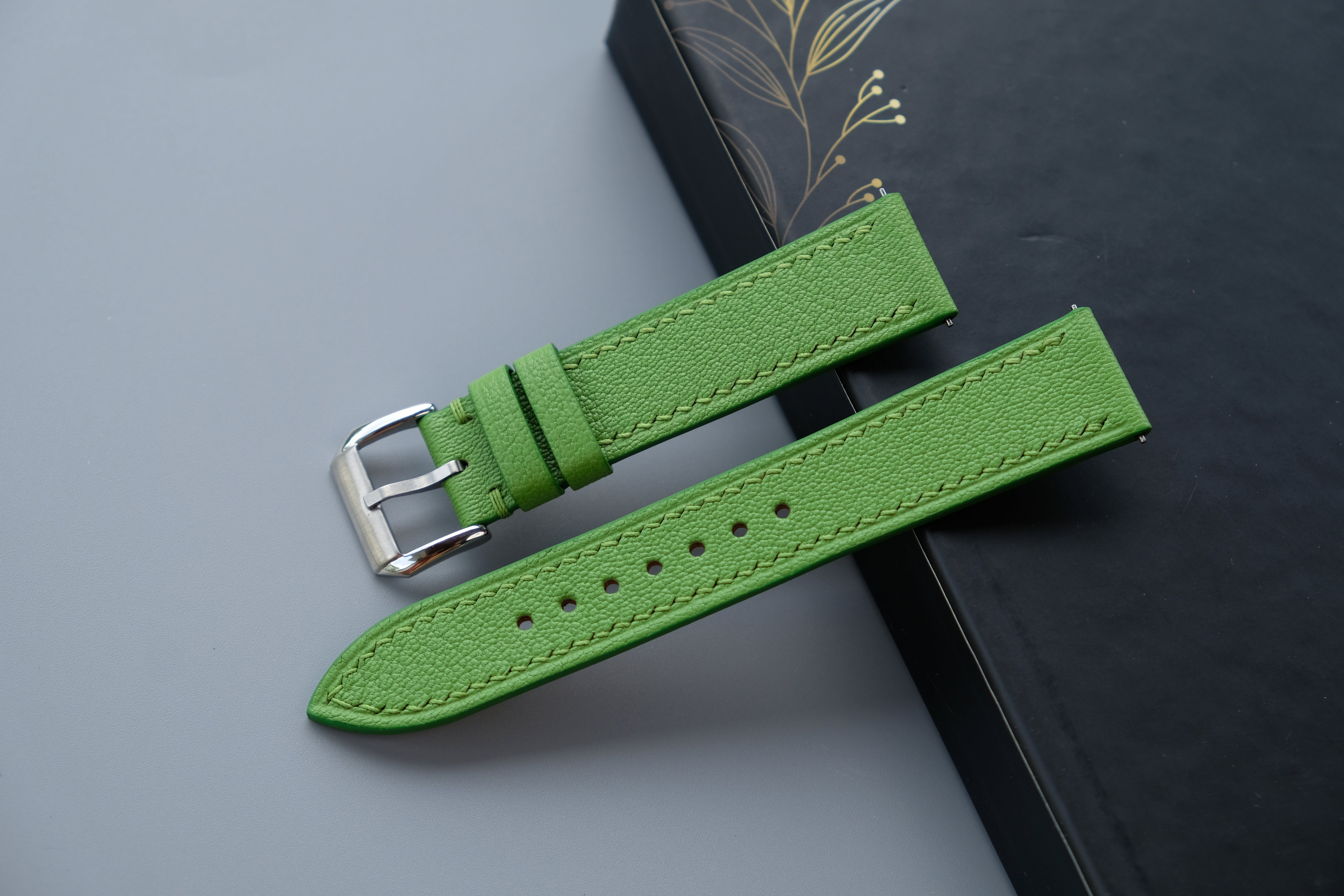 Handmade Lime Green Goat Leather Watch Strap | Chevre Sully French Leather | Custom Sizes 26mm–12mm | Quick Release Optional