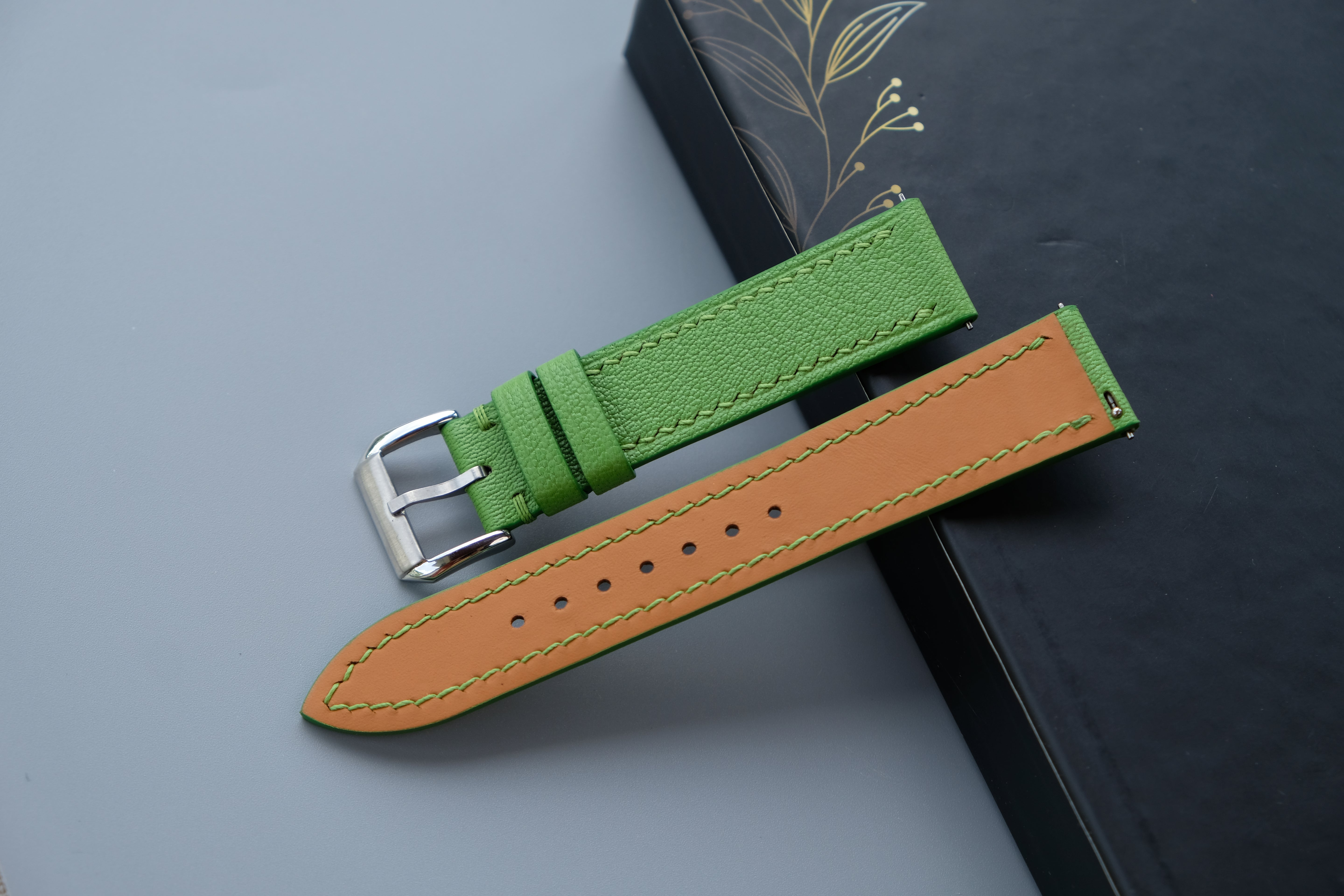 Handmade Lime Green Goat Leather Watch Strap | Chevre Sully French Leather | Custom Sizes 26mm–12mm | Quick Release Optional