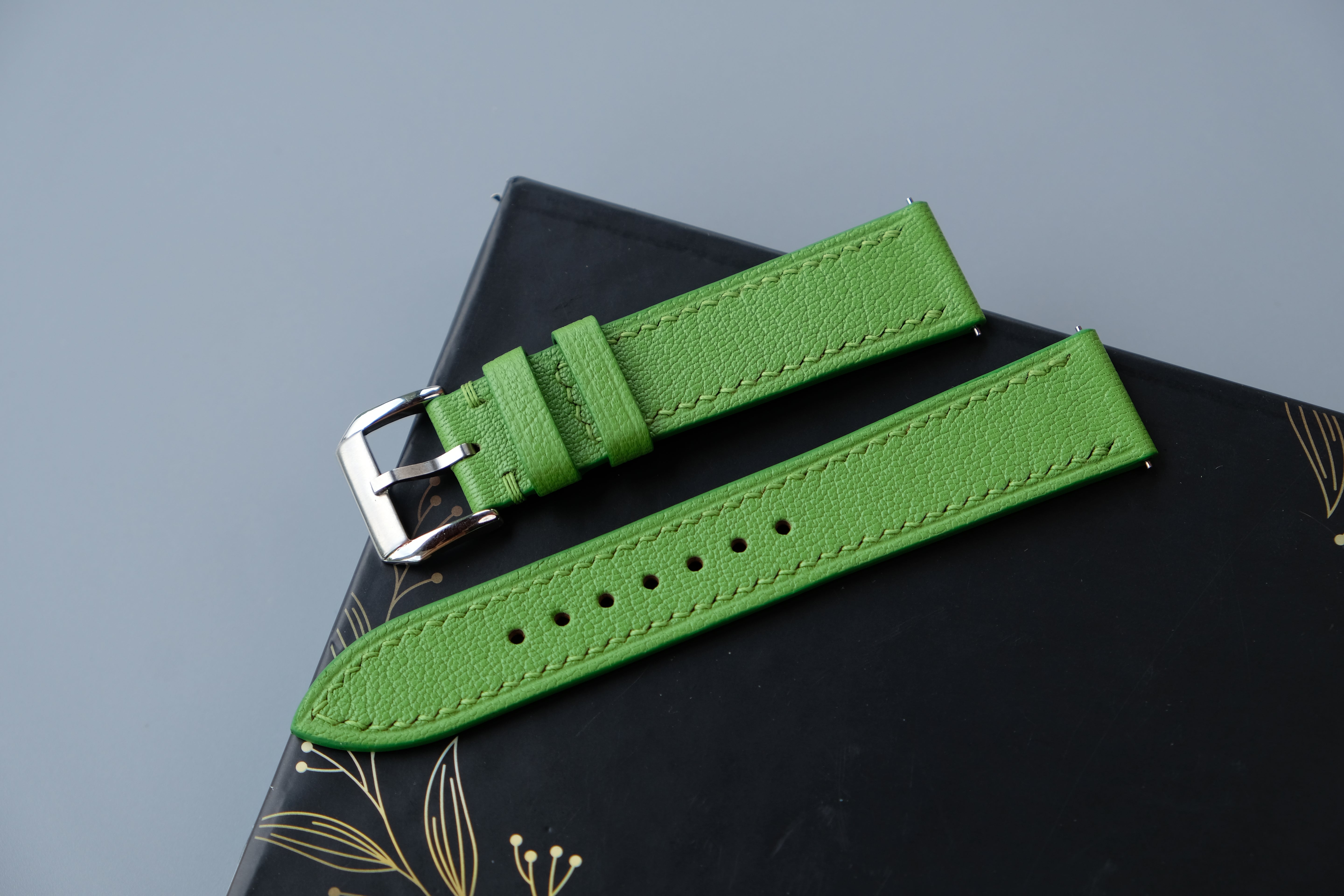 Handmade Lime Green Goat Leather Watch Strap | Chevre Sully French Leather | Custom Sizes 26mm–12mm | Quick Release Optional