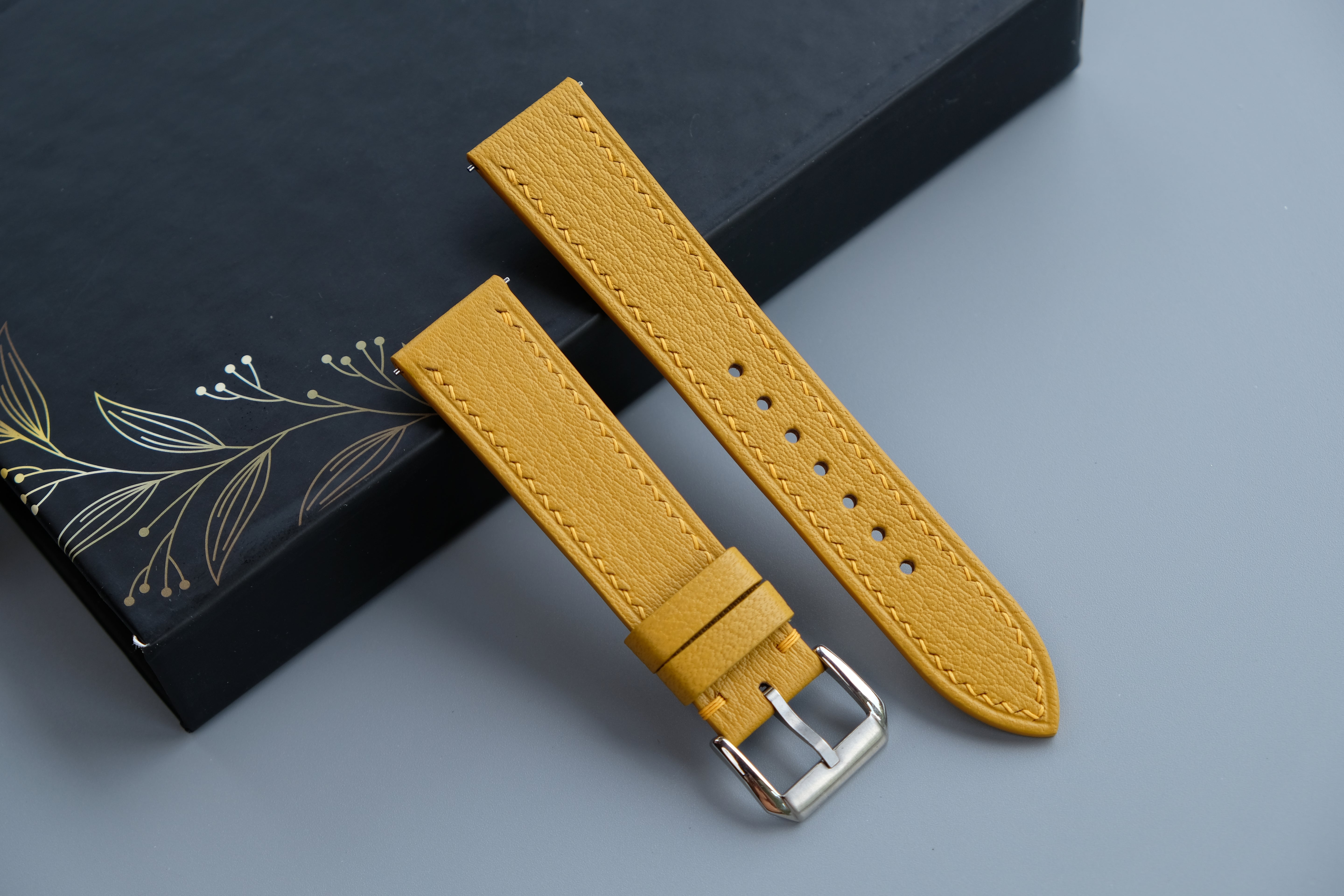 Handmade Yellow Goat Leather Watch Strap | Chevre Sully French Leather | Custom Sizes 26mm–12mm | Quick Release Optiona
