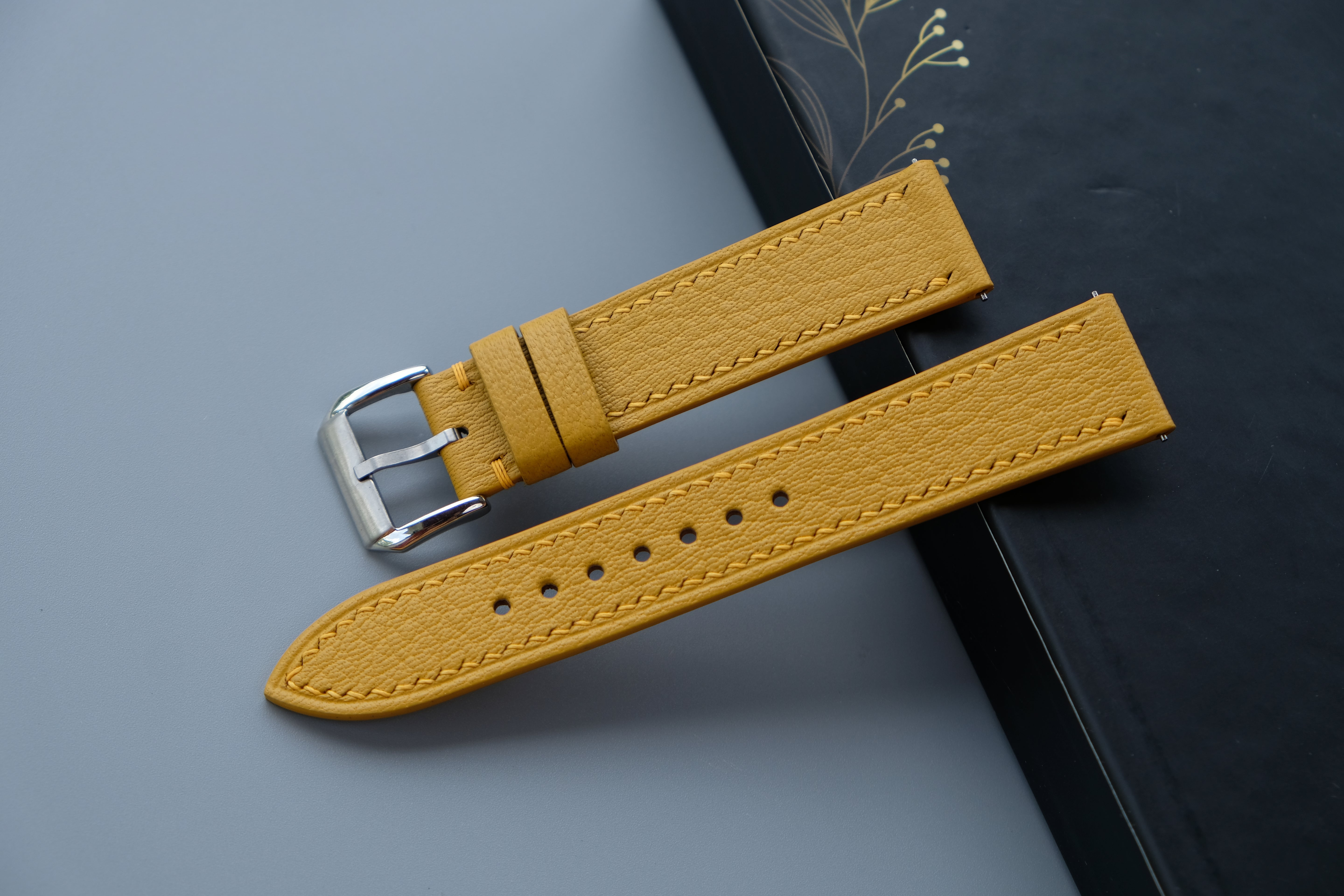 Handmade Yellow Goat Leather Watch Strap | Chevre Sully French Leather | Custom Sizes 26mm–12mm | Quick Release Optiona