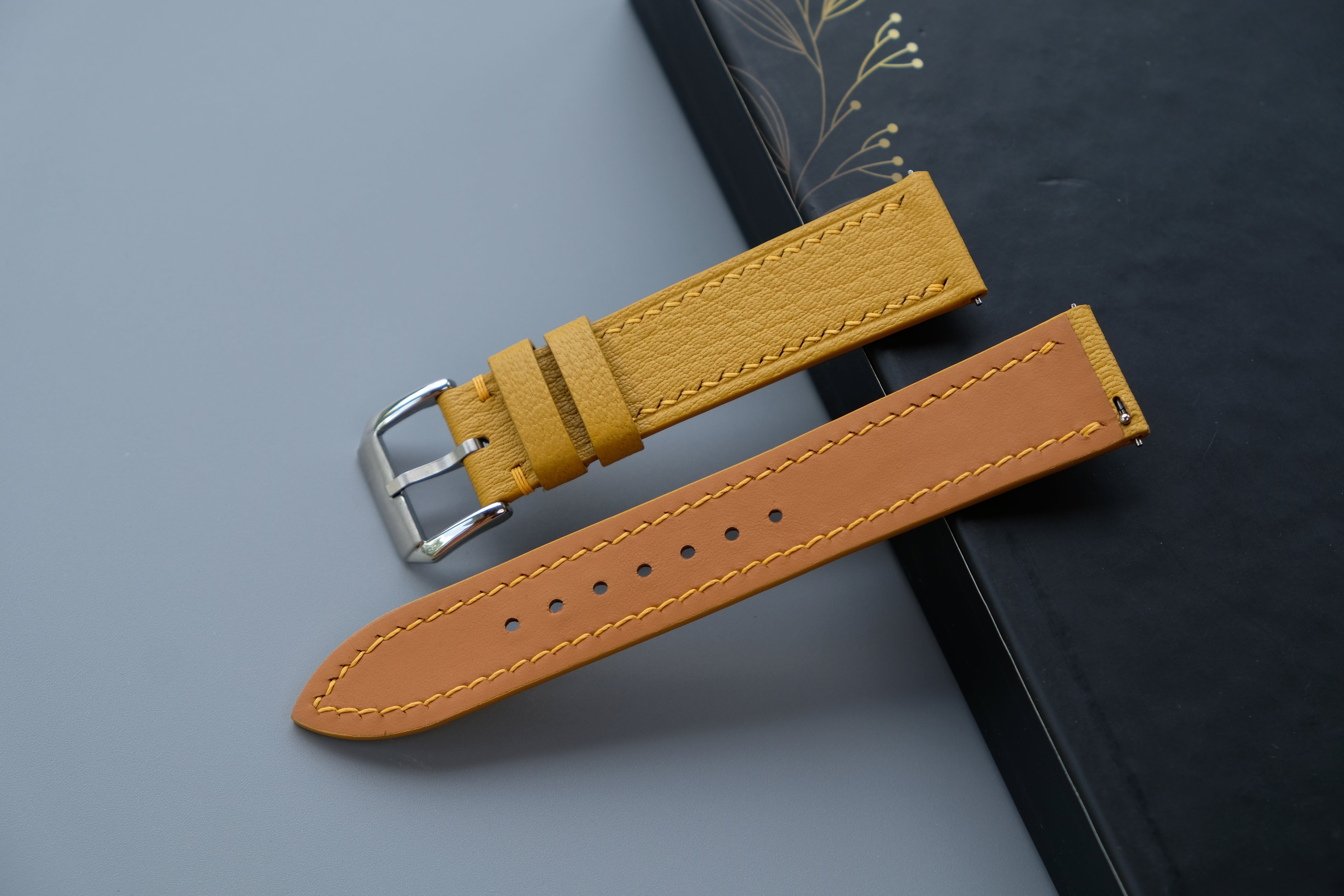 Handmade Yellow Goat Leather Watch Strap | Chevre Sully French Leather | Custom Sizes 26mm–12mm | Quick Release Optiona