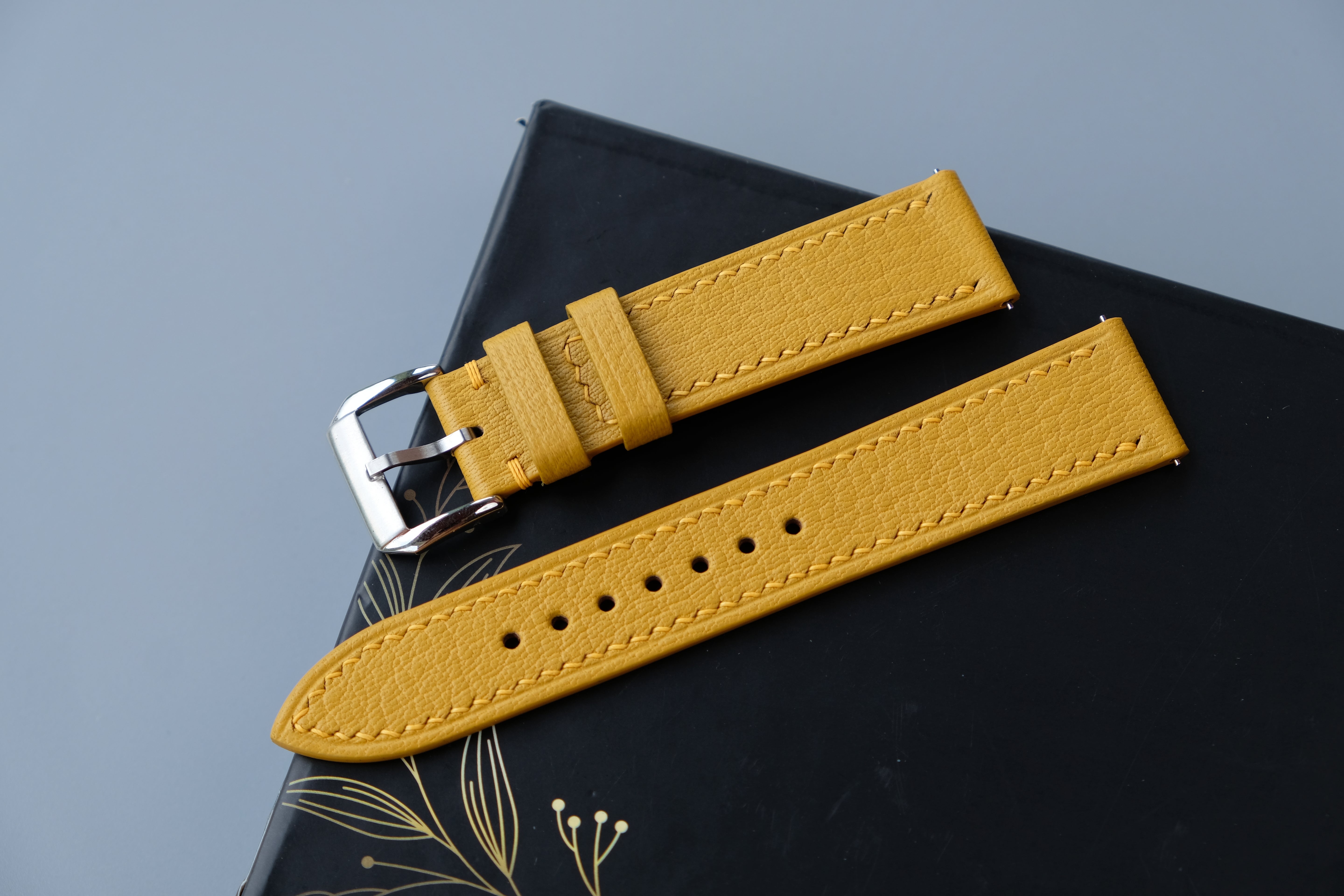 Handmade Yellow Goat Leather Watch Strap | Chevre Sully French Leather | Custom Sizes 26mm–12mm | Quick Release Optiona