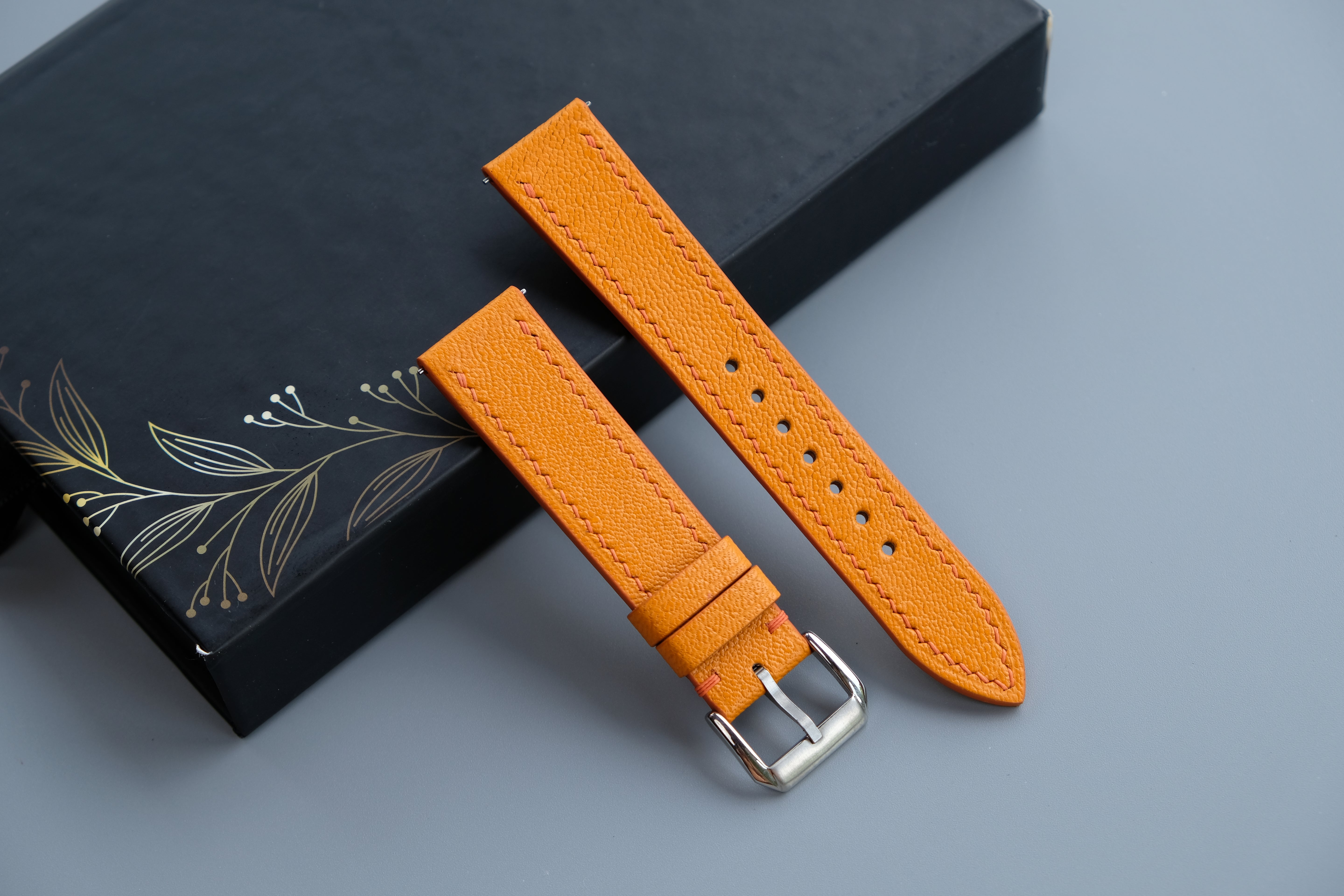 Handmade Orange Goat Leather Watch Strap | Chevre Sully French Leather | Custom Sizes 26mm–12mm | Quick Release Optional