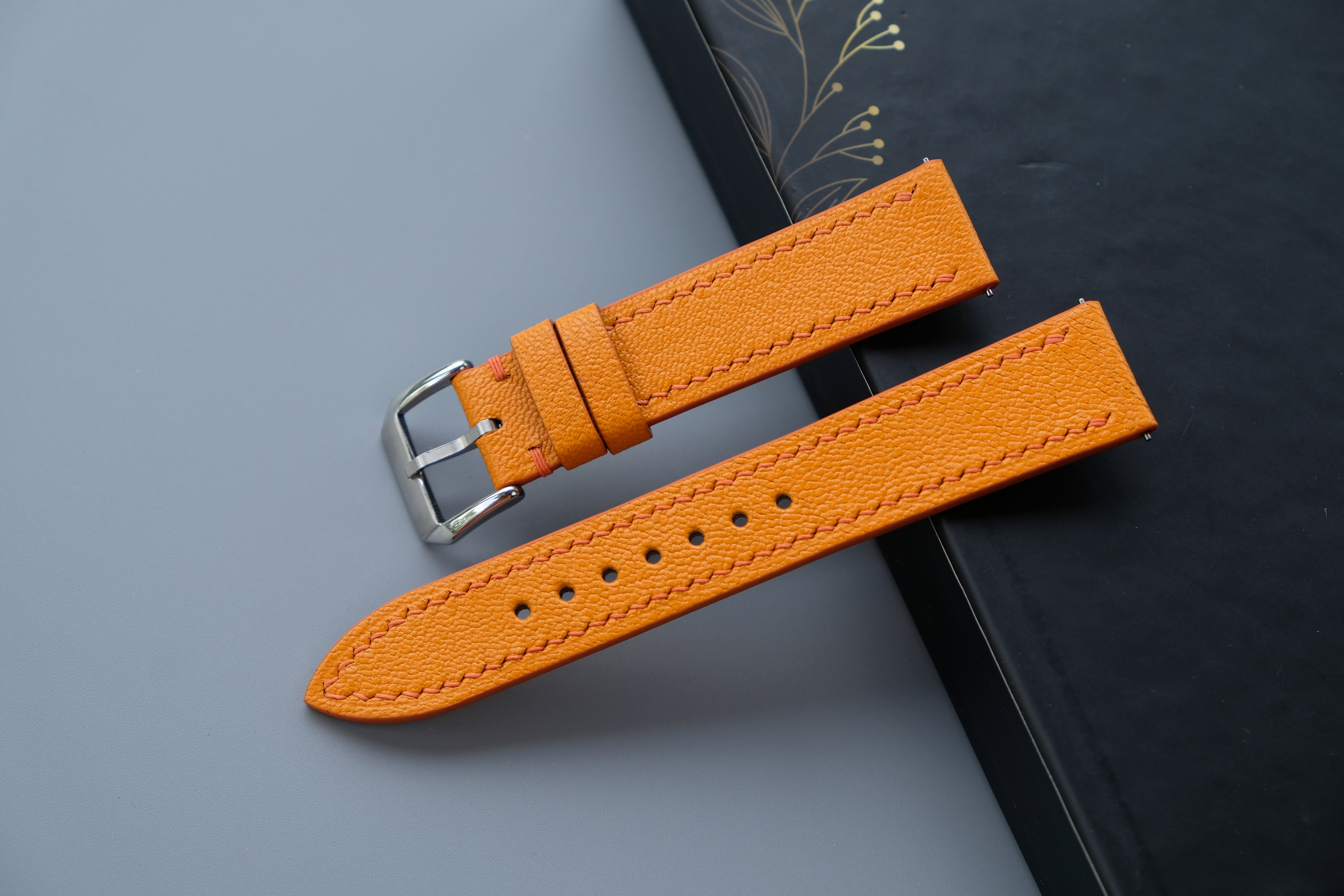 Handmade Orange Goat Leather Watch Strap | Chevre Sully French Leather | Custom Sizes 26mm–12mm | Quick Release Optional