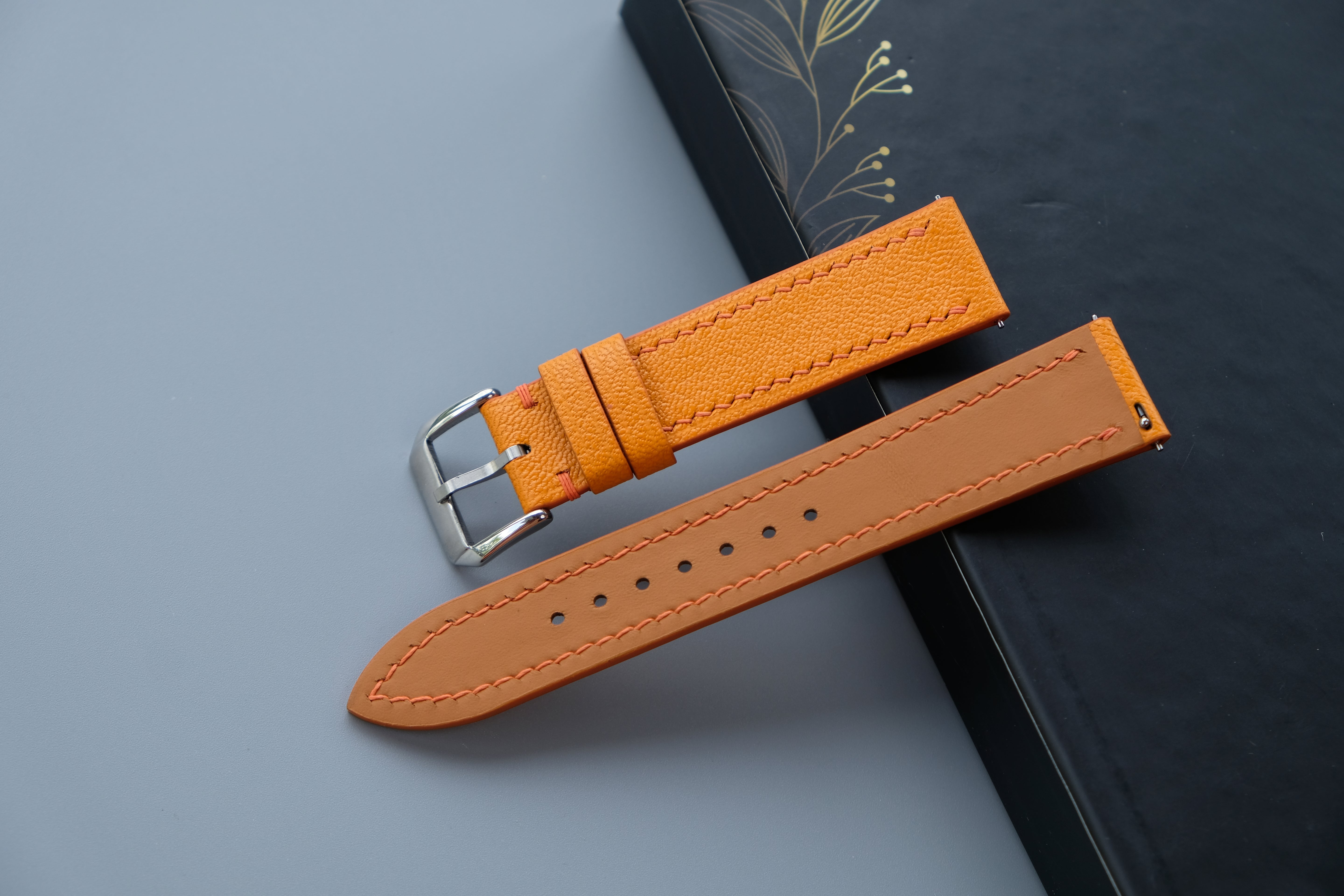 Handmade Orange Goat Leather Watch Strap | Chevre Sully French Leather | Custom Sizes 26mm–12mm | Quick Release Optional